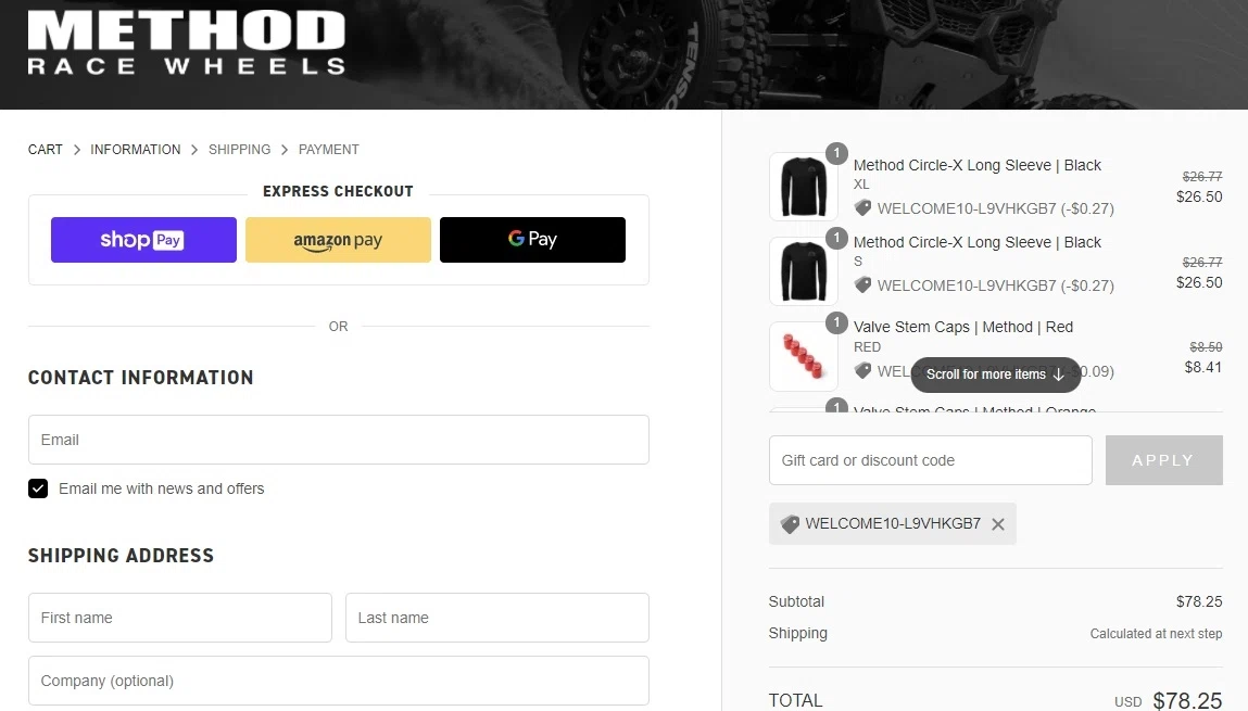 Method Race Wheels checkout page showing Method Race Wheels discount code box | Screenshot taken by SimplyCodes community member on Dec 26, 2021