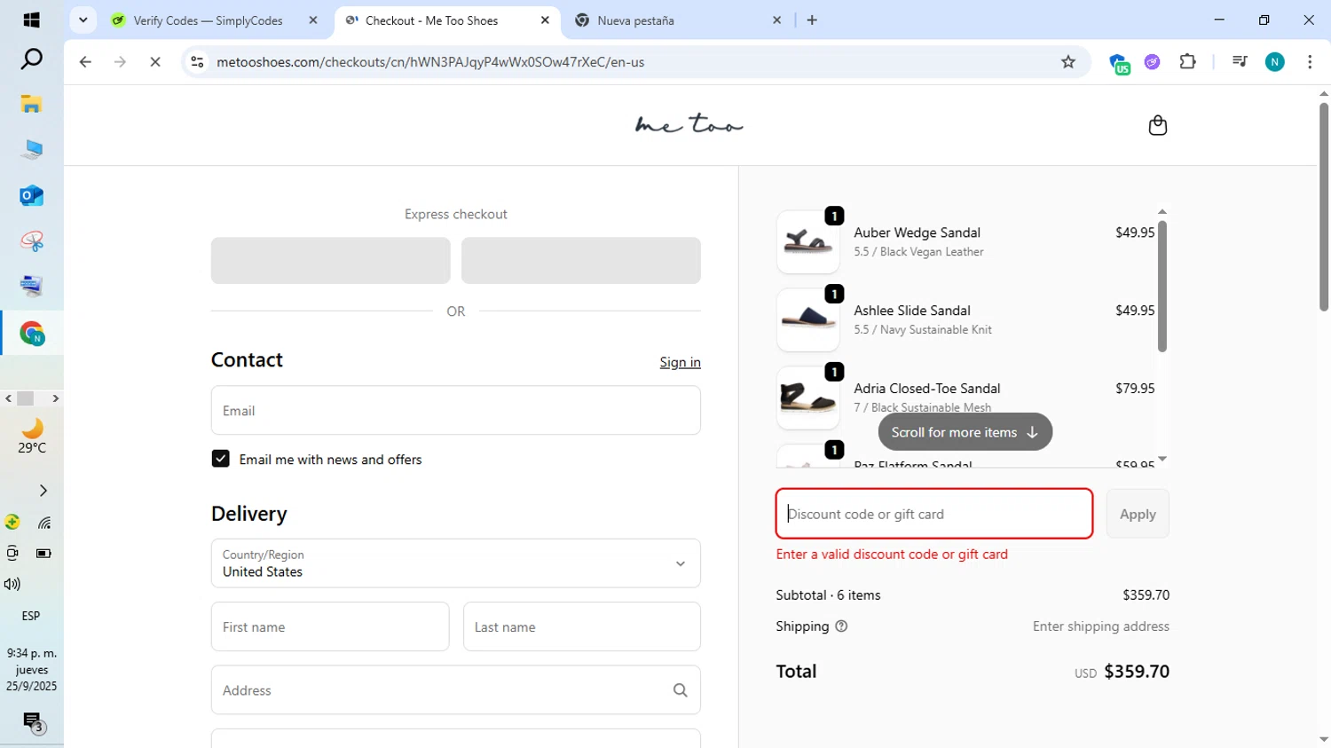 Me Too Shoes discount code screenshot showing code 20forfun applied at Me Too Shoes checkout page. Uploaded by SimplyCodes community member FortunateEagle7007 on Sep 26, 2025
