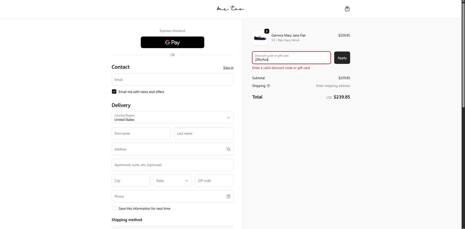 Me Too Shoes discount code screenshot showing code 20forfun applied at Me Too Shoes checkout page. Uploaded by SimplyCodes community member SavvySaver9108 on Sep 26, 2025