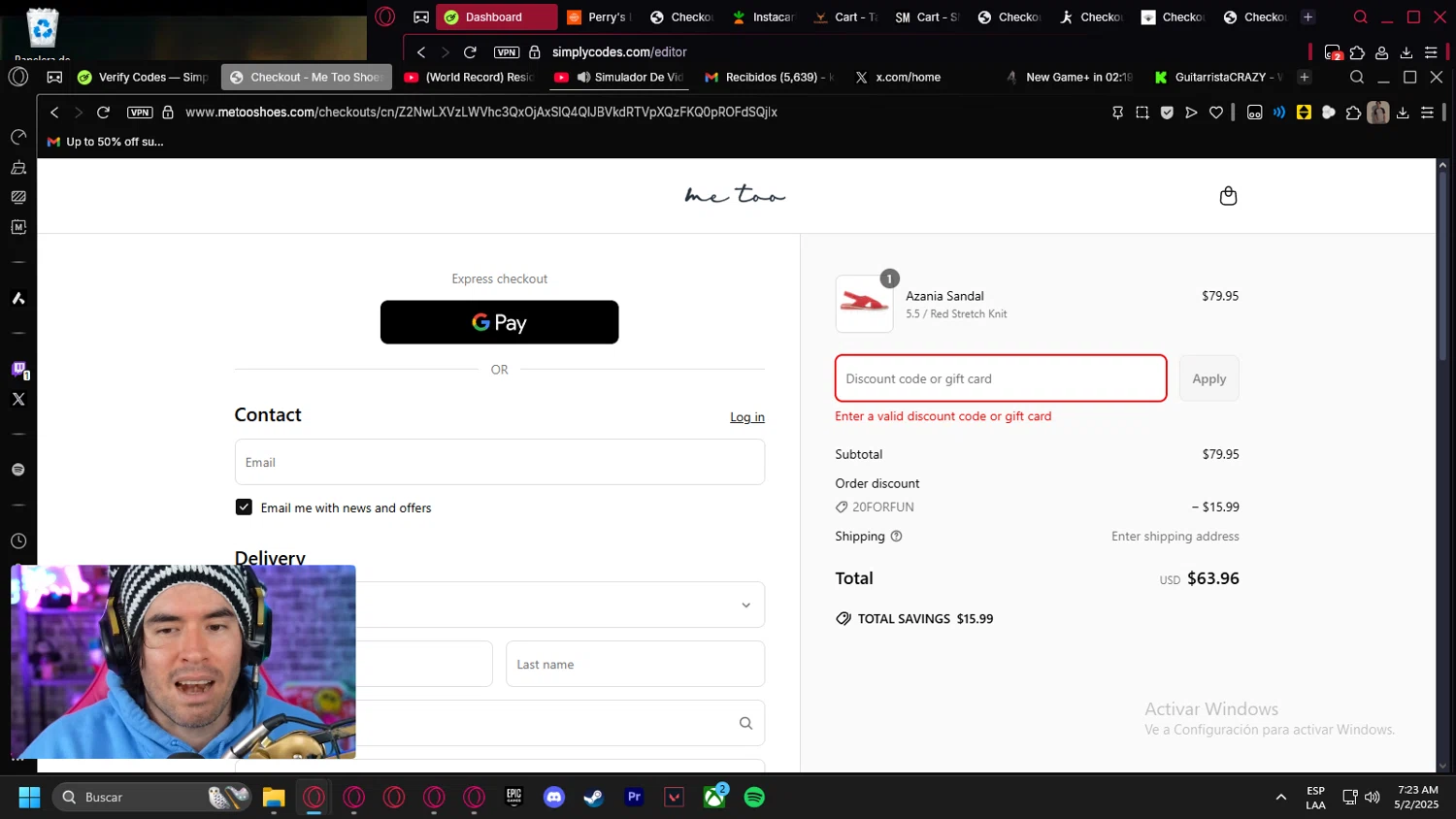 Me Too Shoes discount code screenshot showing code CHOCOEGGS applied at Me Too Shoes checkout page. Uploaded by SimplyCodes community member kurcovein on May 2, 2025