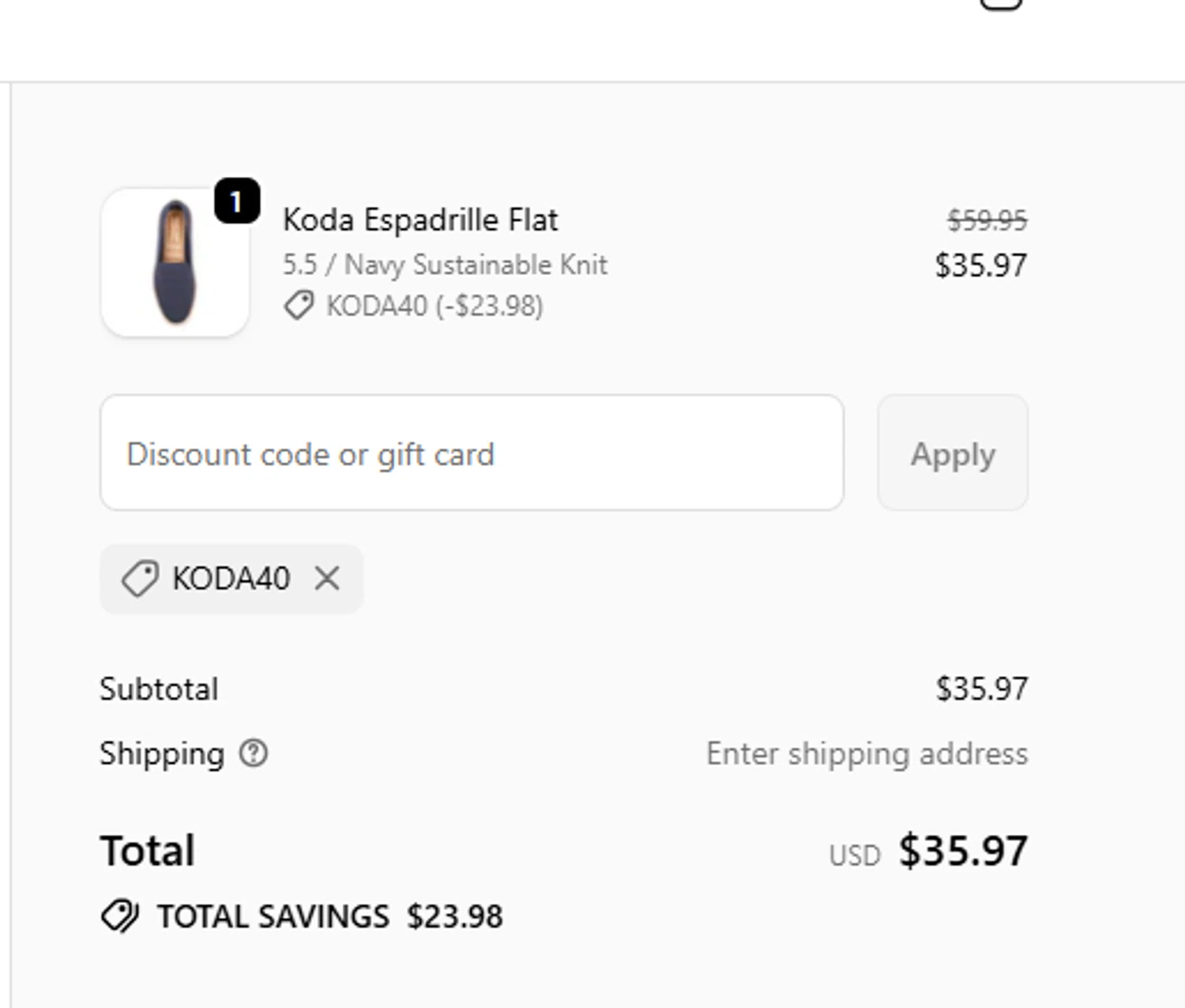 Me Too Shoes discount code screenshot showing code KODA40 applied at Me Too Shoes checkout page. Uploaded by SimplyCodes community member Can123 on Oct 6, 2025