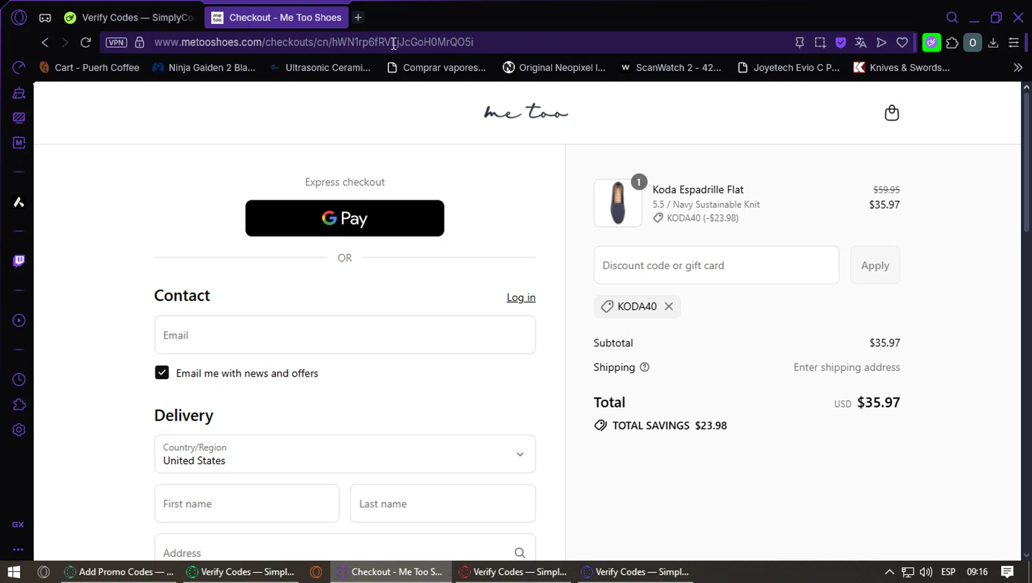 Me Too Shoes discount code screenshot showing code KODA40 applied at Me Too Shoes checkout page. Uploaded by SimplyCodes community member GoldMaestro7871 on Aug 16, 2025