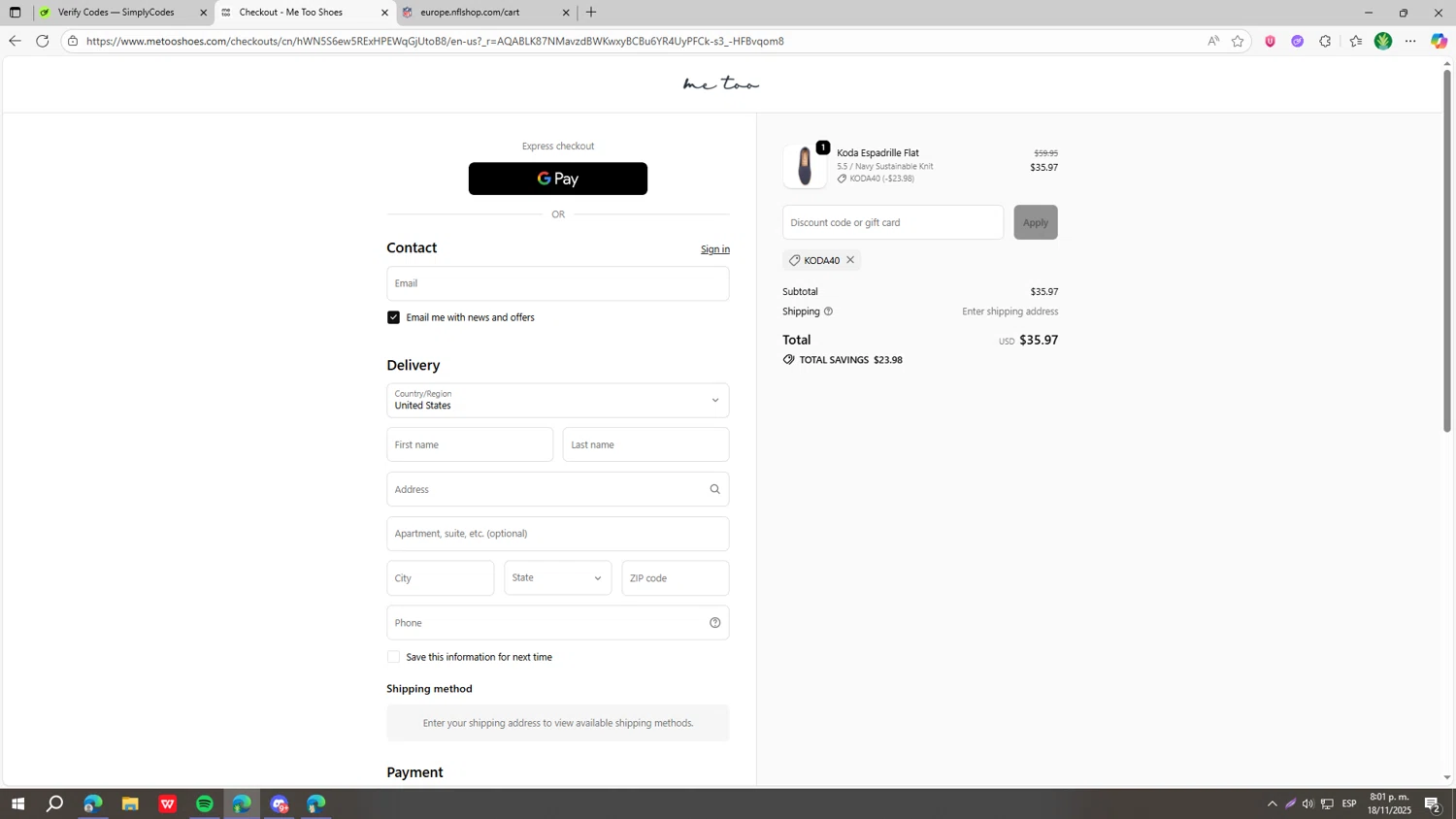 Me Too Shoes discount code screenshot showing code KODA40 applied at Me Too Shoes checkout page. Uploaded by SimplyCodes community member gaaaaaaara on Nov 19, 2025