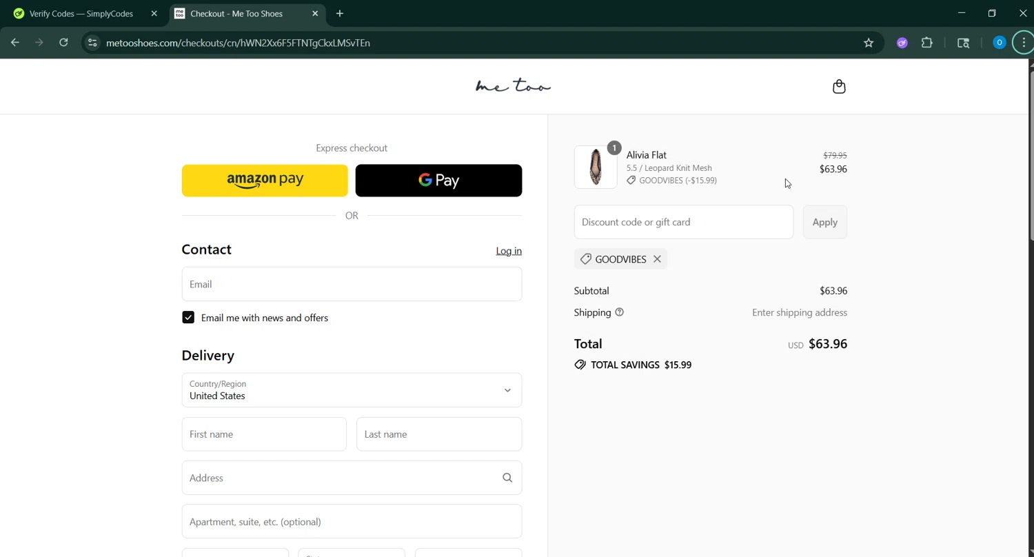 Me Too Shoes discount code screenshot showing code GOODVIBES applied at Me Too Shoes checkout page. Uploaded by SimplyCodes community member _____________ on Sep 3, 2025