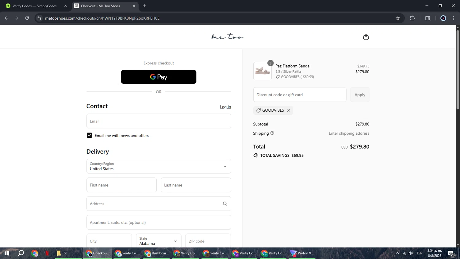 Me Too Shoes discount code screenshot showing code GOODVIBES applied at Me Too Shoes checkout page. Uploaded by SimplyCodes community member RoyalBoss4384 on Aug 8, 2025