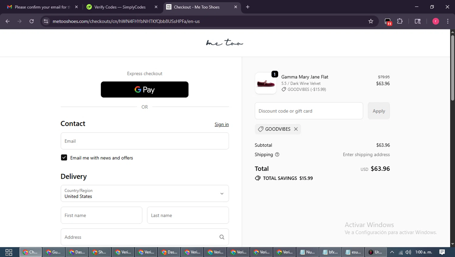 Me Too Shoes discount code screenshot showing code GOODVIBES applied at Me Too Shoes checkout page. Uploaded by SimplyCodes community member WisePro3739 on Oct 18, 2025