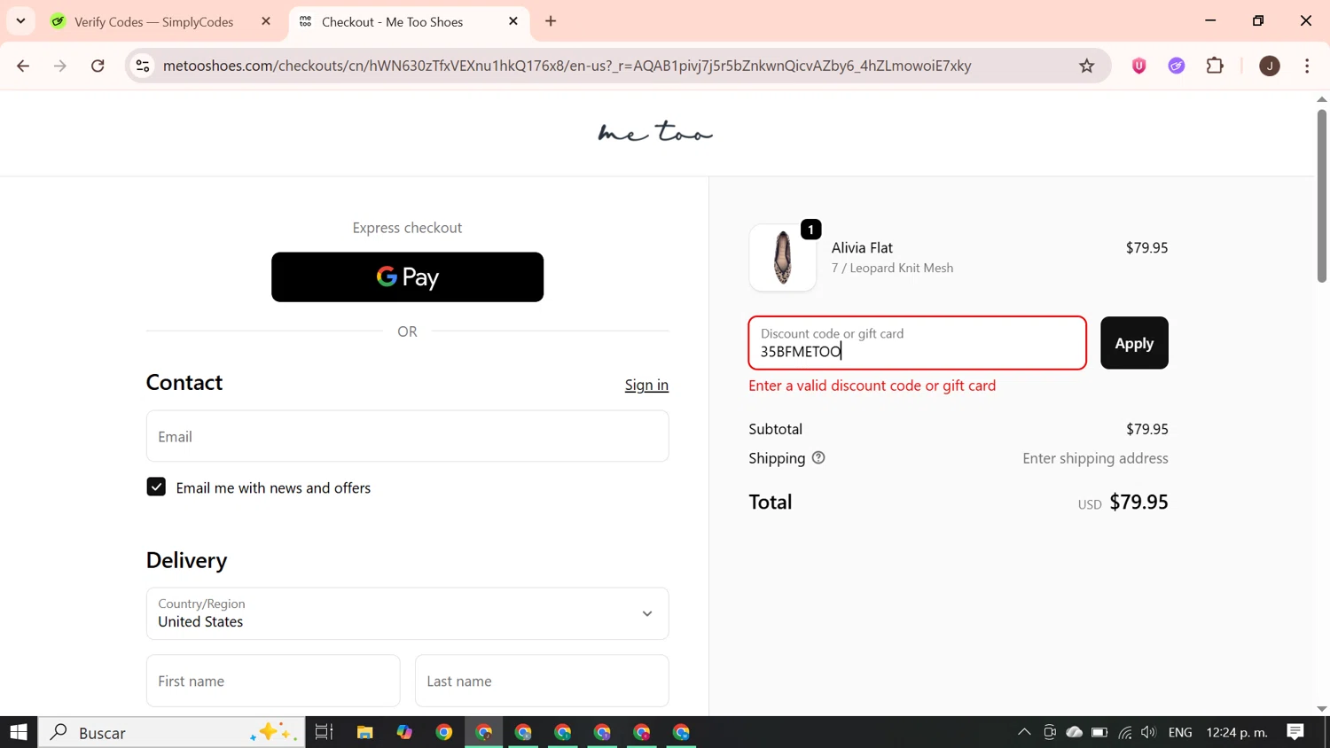 Me Too Shoes discount code screenshot showing code 35BFMETOO applied at Me Too Shoes checkout page. Uploaded by SimplyCodes community member PrimeGenius2371 on Dec 4, 2025
