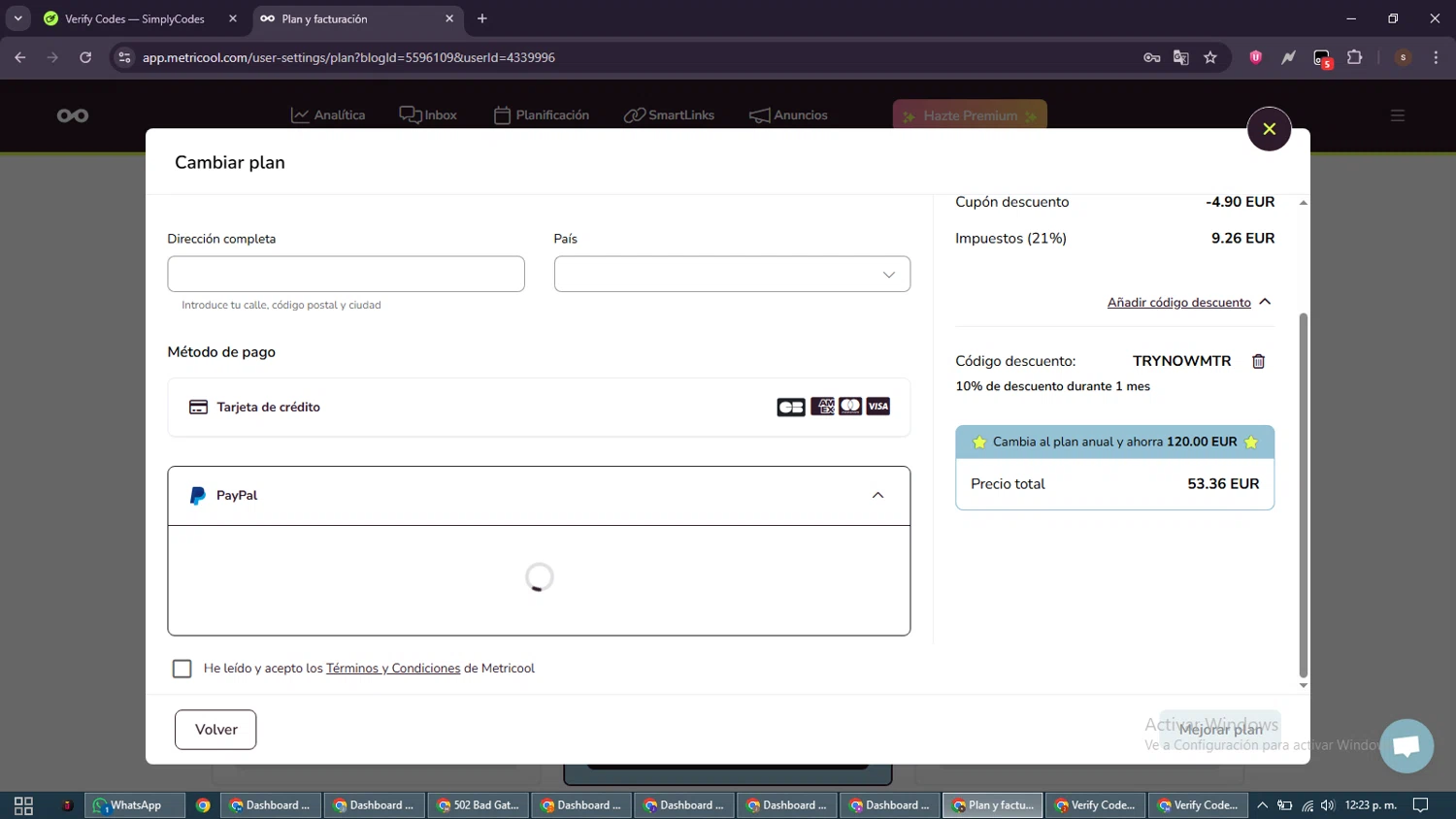 Metricool discount code screenshot showing code TRYNOWMTR applied at Metricool checkout page. Uploaded by SimplyCodes community member GoldSentinel1426 on Dec 23, 2025