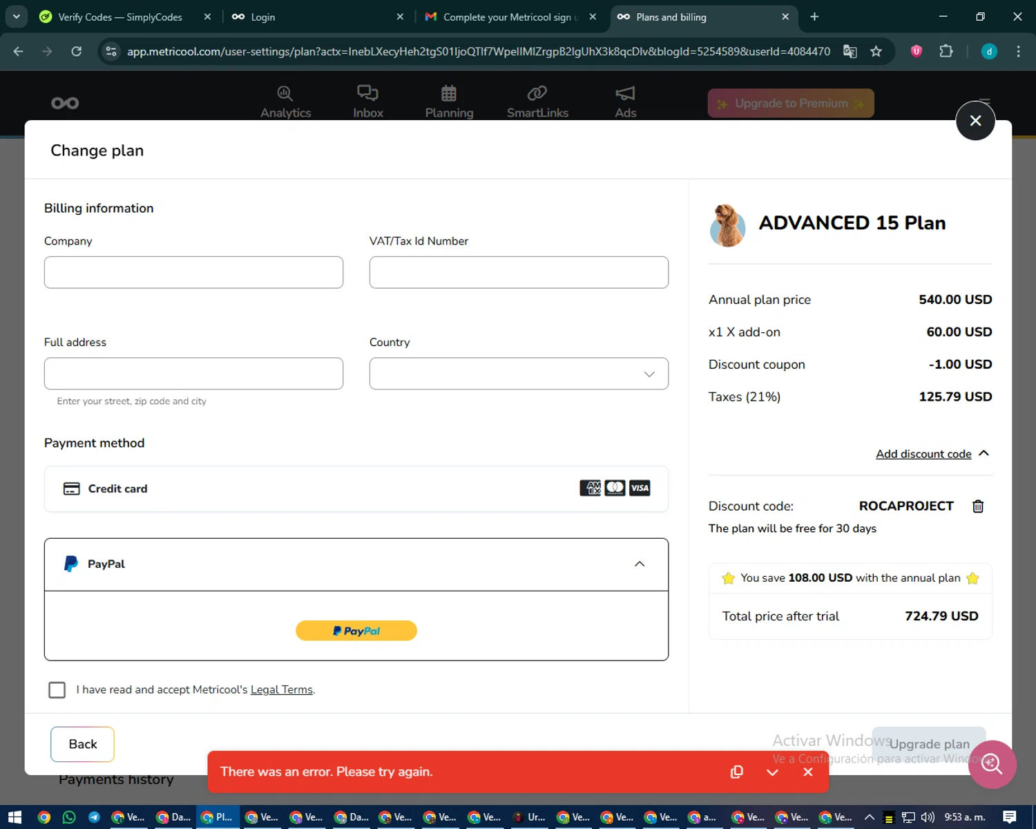 Metricool discount code screenshot showing code ROCAPROJECT applied at Metricool checkout page. Uploaded by SimplyCodes community member CodeMaverick5767 on Sep 11, 2025
