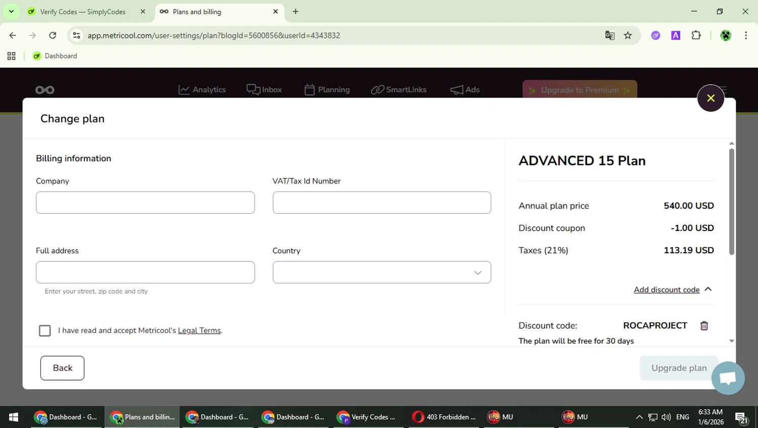 Metricool checkout page showing Metricool discount code box | Screenshot taken by SimplyCodes community member on Jan 6, 2026