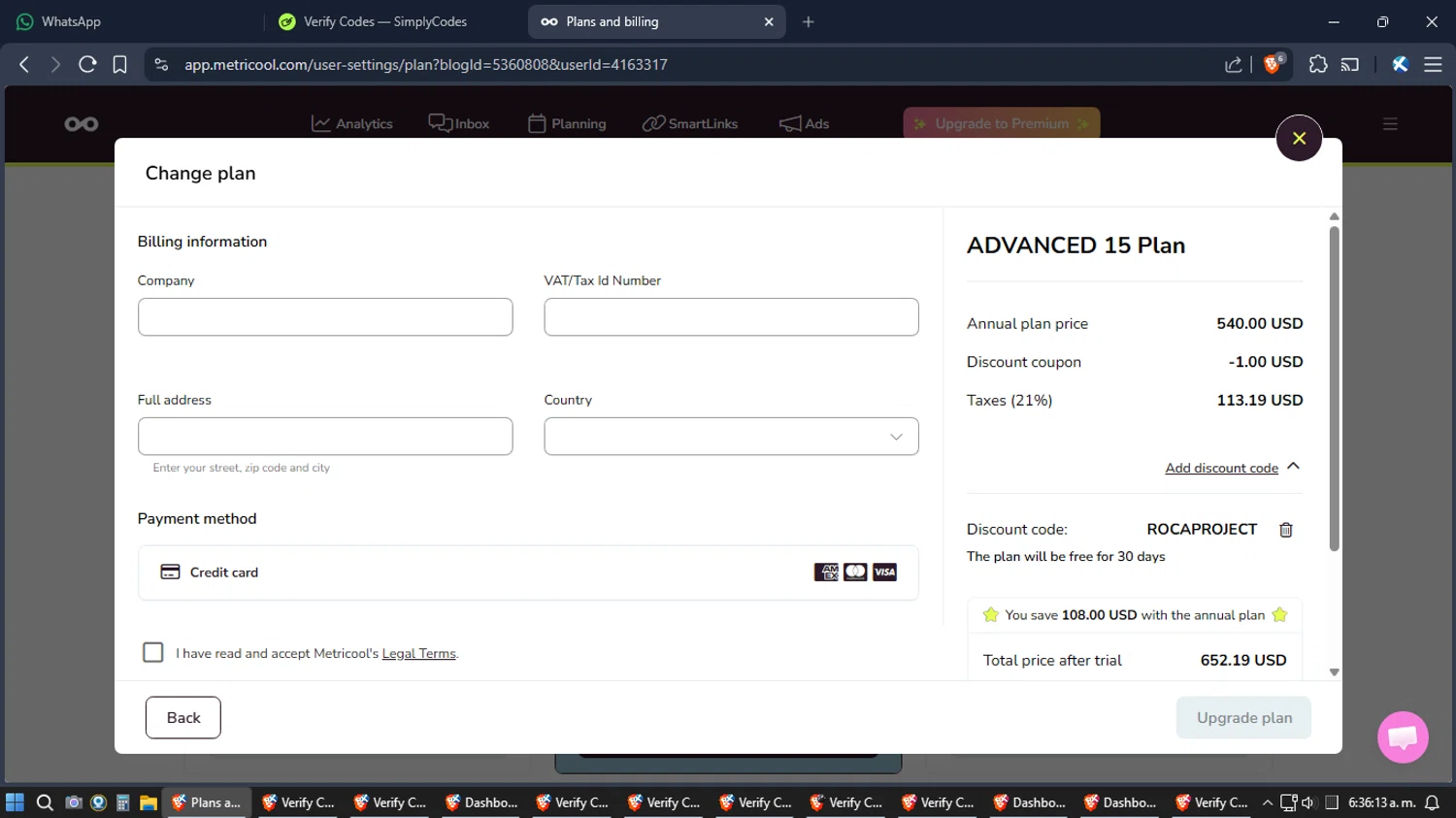 Metricool checkout page showing Metricool discount code box | Screenshot taken by SimplyCodes community member on Feb 4, 2026