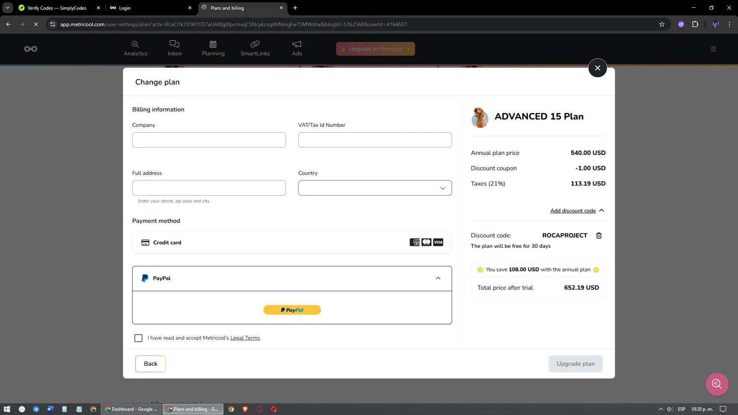 Metricool discount code screenshot showing code ROCAPROJECT applied at Metricool checkout page. Uploaded by SimplyCodes community member jesuscondez on Oct 11, 2025