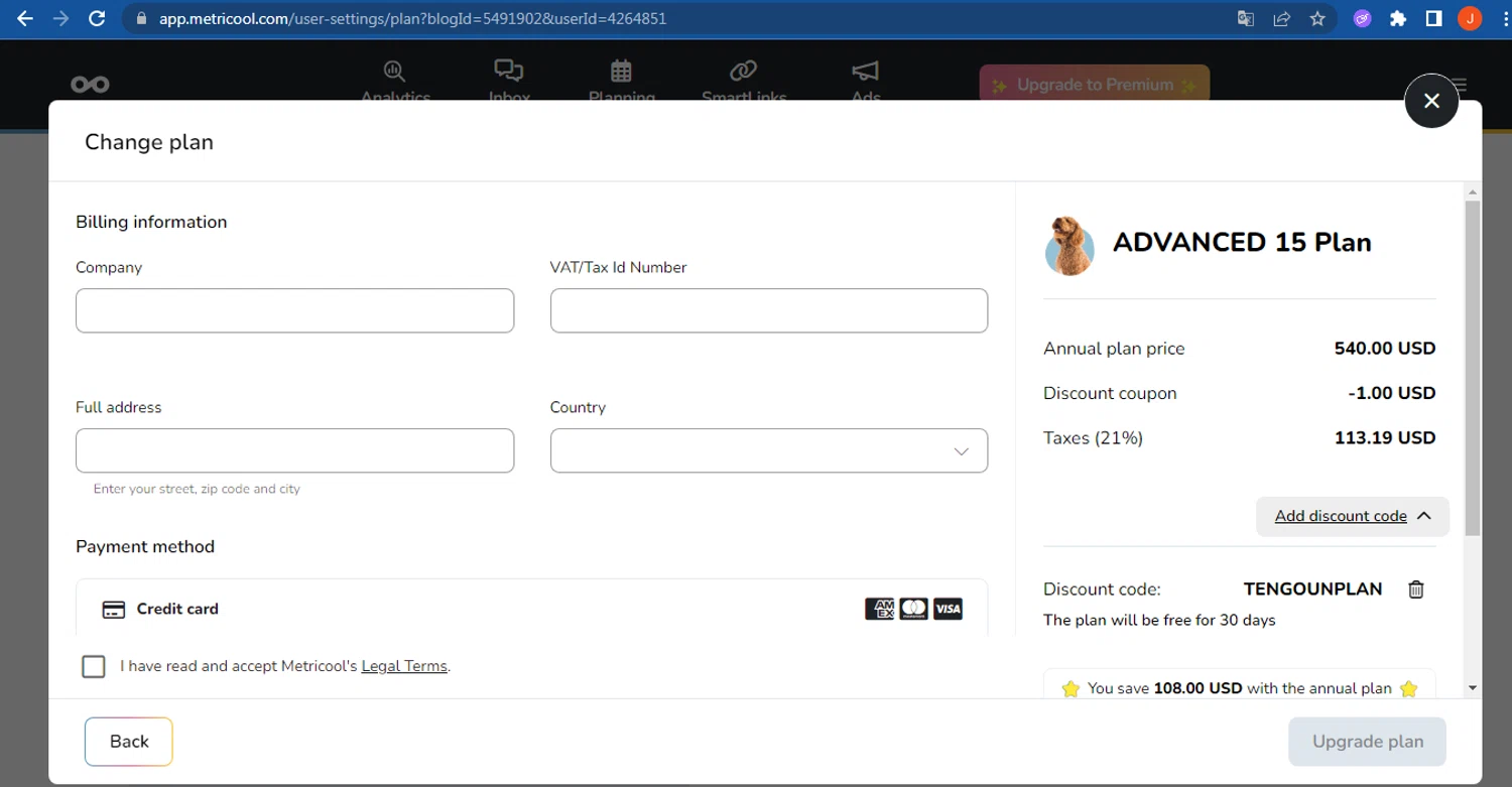 Metricool discount code screenshot showing code TENGOUNPLAN applied at Metricool checkout page. Uploaded by SimplyCodes community member FranquizJoel on Nov 9, 2025