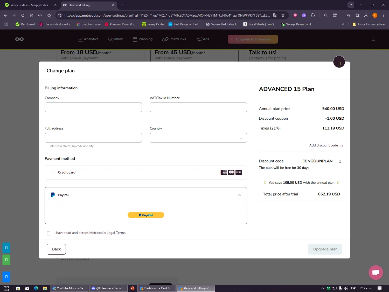 Metricool discount code screenshot showing code TENGOUNPLAN applied at Metricool checkout page. Uploaded by SimplyCodes community member VayneChambeadora on Dec 8, 2025