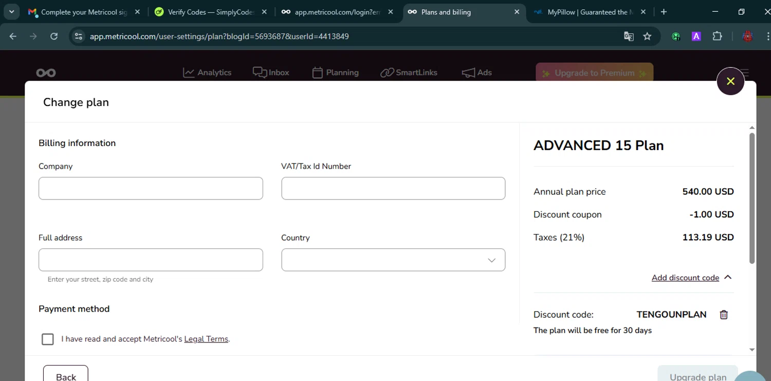Metricool checkout page showing Metricool discount code box | Screenshot taken by SimplyCodes community member on Jan 6, 2026