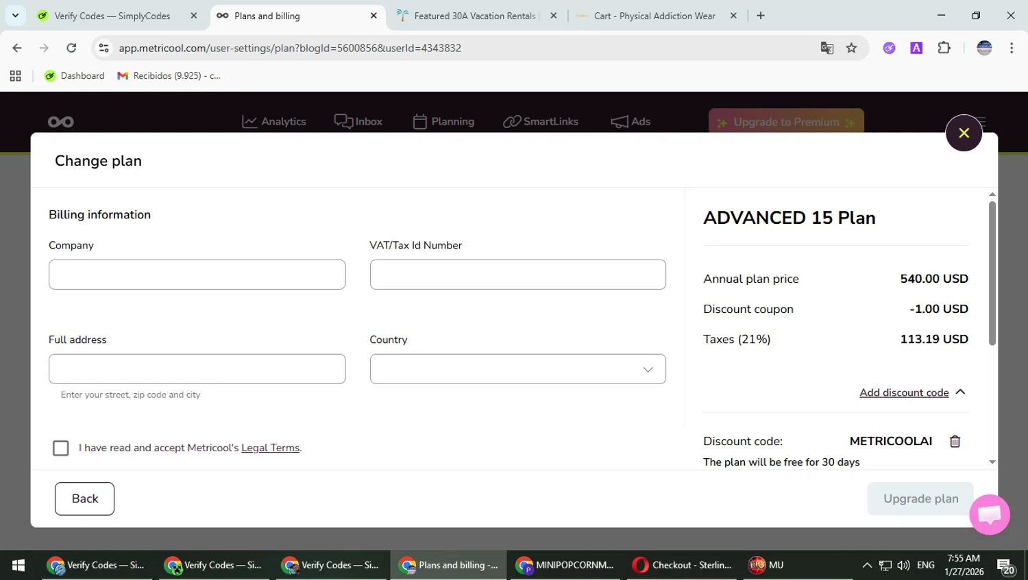Metricool checkout page showing Metricool discount code box | Screenshot taken by SimplyCodes community member on Jan 27, 2026