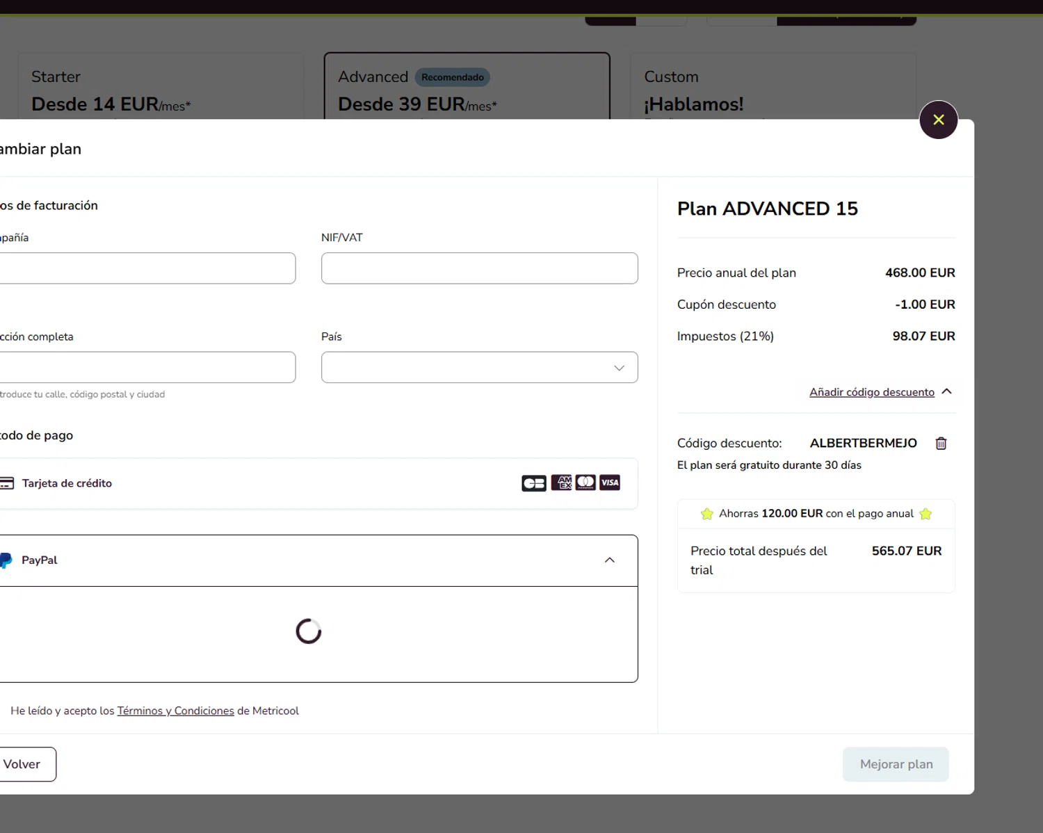 Metricool discount code screenshot showing code ALBERTBERMEJO applied at Metricool checkout page. Uploaded by SimplyCodes community member Billyyou on Feb 4, 2026