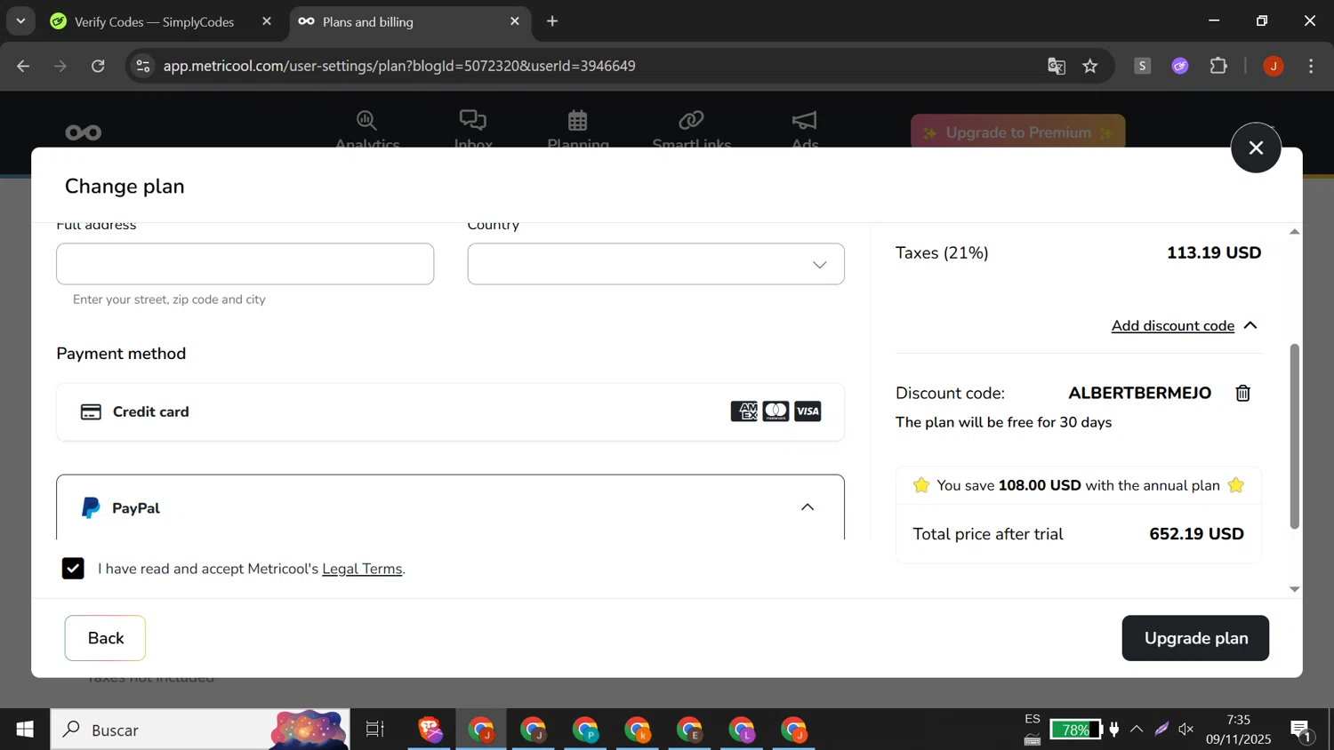 Metricool discount code screenshot showing code ALBERTBERMEJO applied at Metricool checkout page. Uploaded by SimplyCodes community member DORIANGEL on Nov 9, 2025