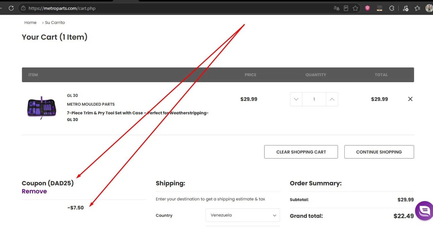 Metro Moulded Parts promo code screenshot showing code DAD25 applied at Metro Moulded Parts checkout page. Uploaded by SimplyCodes community member HonestVzla on Jun 8, 2026