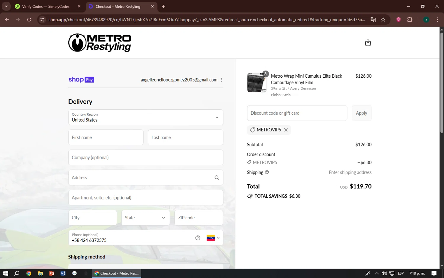 Metro Restyling discount code screenshot showing code METROVIP5 applied at Metro Restyling checkout page. Uploaded by SimplyCodes community member zizu55 on Jul 27, 2025