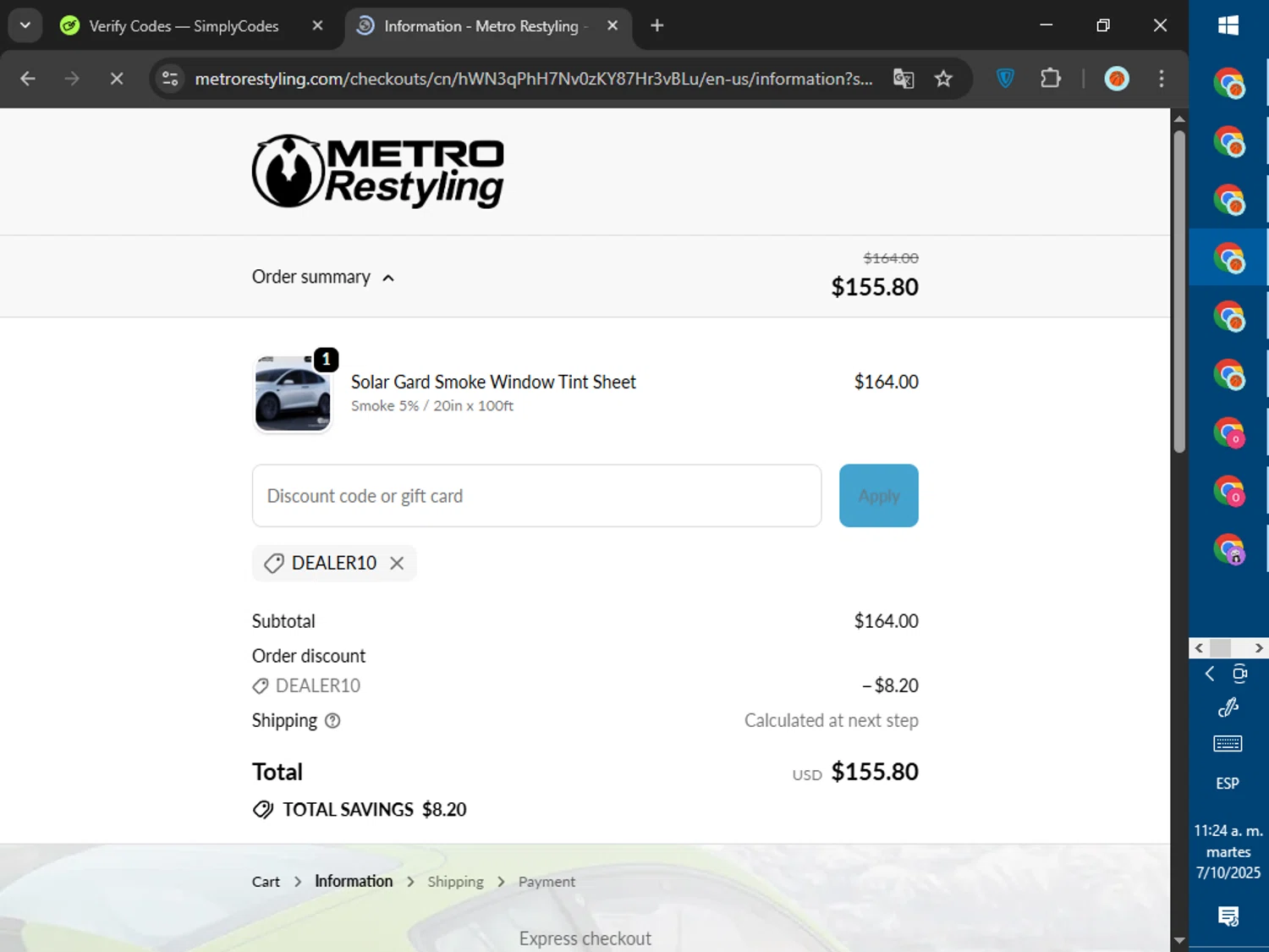 Metro Restyling discount code screenshot showing code DEALER10 applied at Metro Restyling checkout page. Uploaded by SimplyCodes community member SalePhoenix823 on Oct 7, 2025