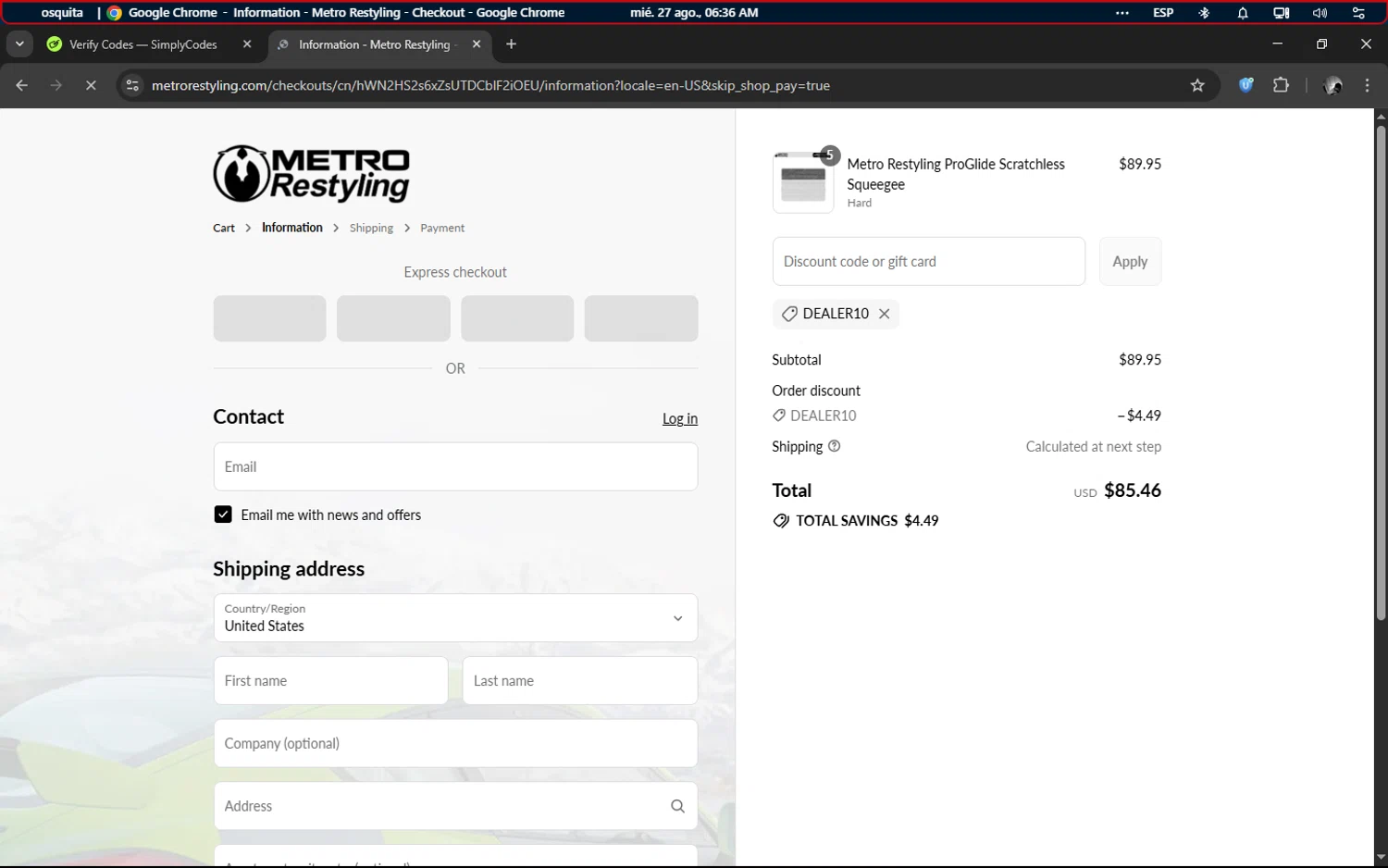 Metro Restyling discount code screenshot showing code DEALER10 applied at Metro Restyling checkout page. Uploaded by SimplyCodes community member ELMARRON on Aug 27, 2025