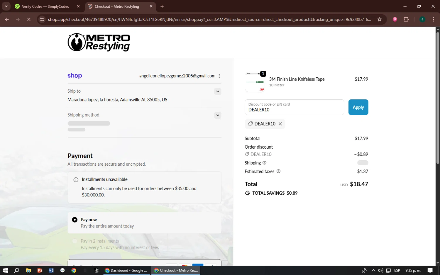 Metro Restyling discount code screenshot showing code DEALER10 applied at Metro Restyling checkout page. Uploaded by SimplyCodes community member zizu55 on Oct 28, 2025