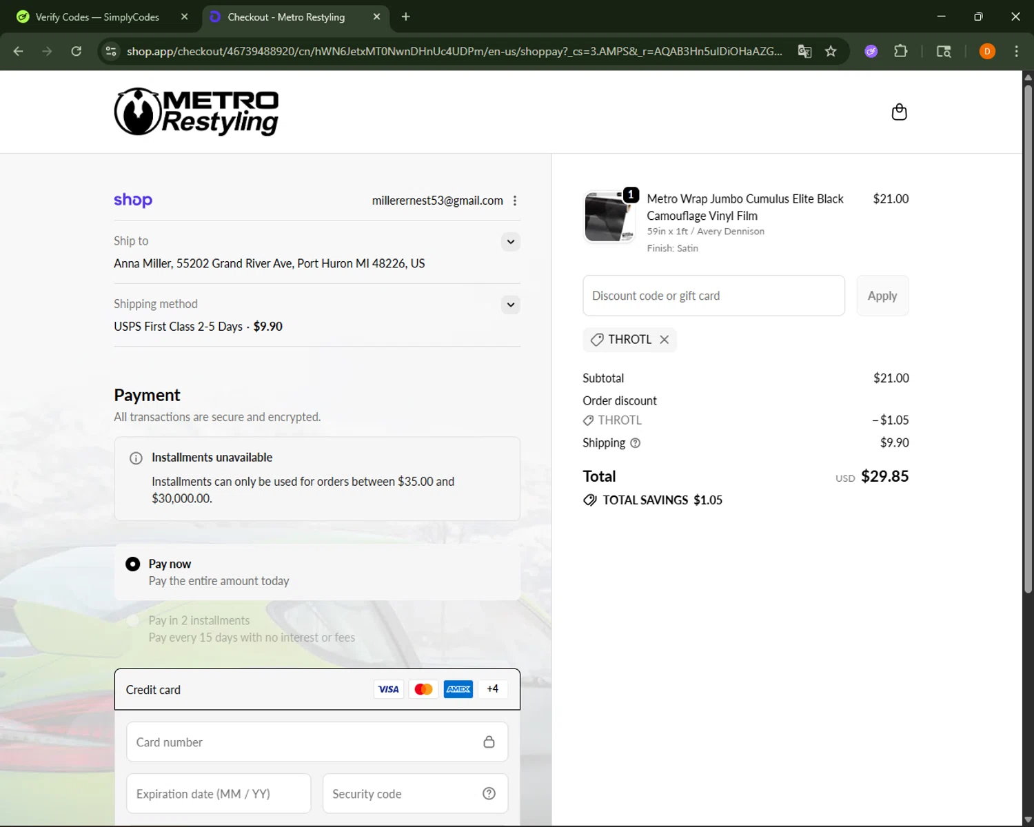 Metro Restyling discount code screenshot showing code THROTL applied at Metro Restyling checkout page. Uploaded by SimplyCodes community member FrugalFalcon351 on Dec 11, 2025