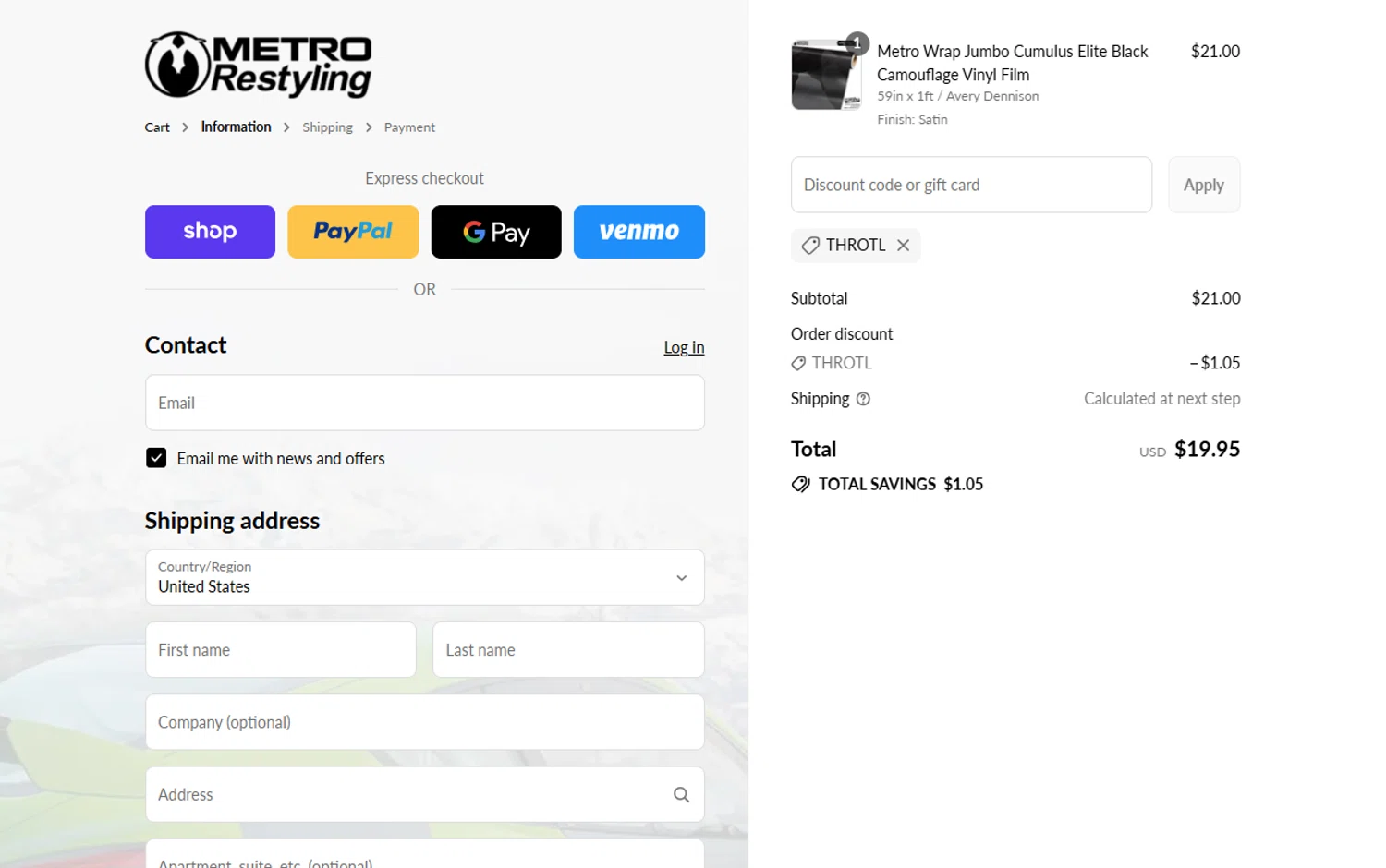 Metro Restyling discount code screenshot showing code THROTL applied at Metro Restyling checkout page. Uploaded by SimplyCodes community member WonderSaver8569 on Aug 31, 2025