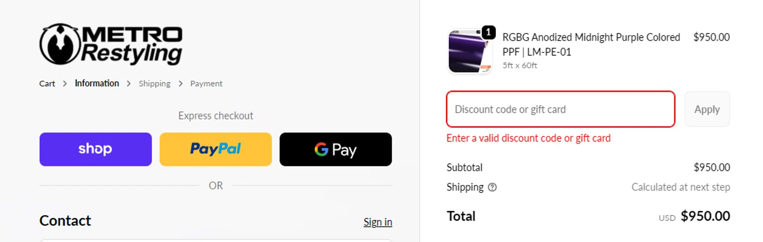 Metro Restyling discount code screenshot showing code CAMO23 applied at Metro Restyling checkout page. Uploaded by SimplyCodes community member SilverMakeup on Feb 9, 2026