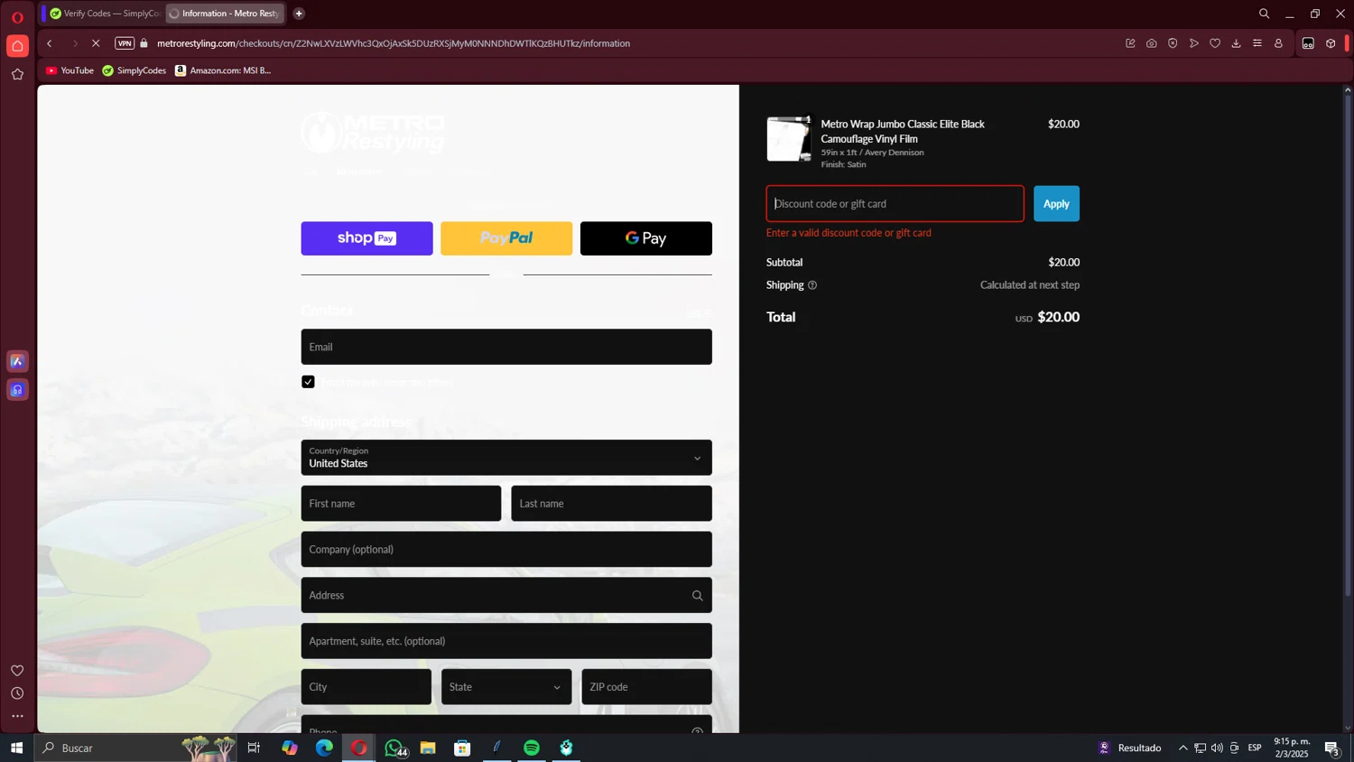 Metro Restyling discount code screenshot showing code CAMO23 applied at Metro Restyling checkout page. Uploaded by SimplyCodes community member TheRodan on Mar 3, 2025