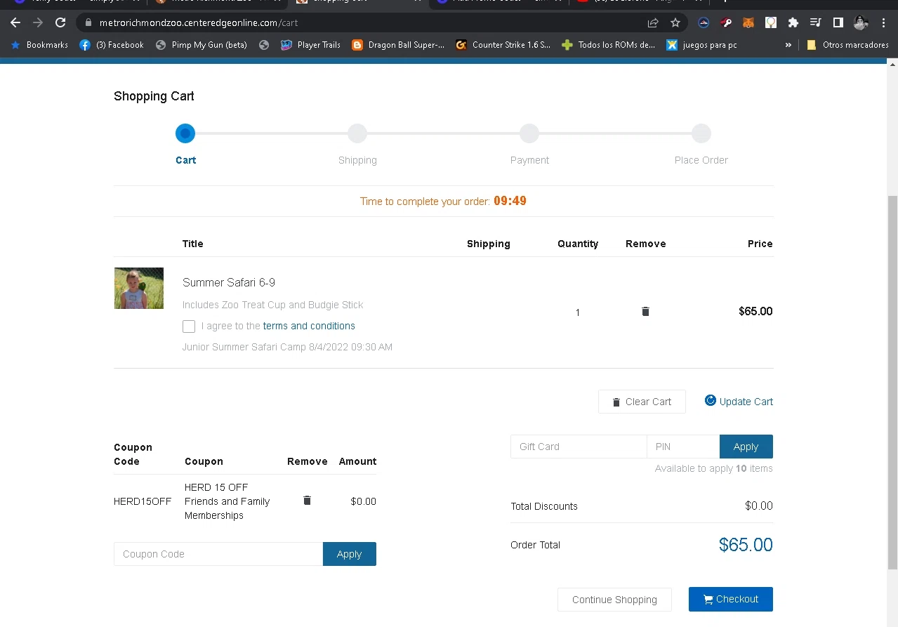 Metro Richmond Zoo checkout page showing Metro Richmond Zoo coupon code box | Screenshot taken by SimplyCodes community member on Apr 23, 2022