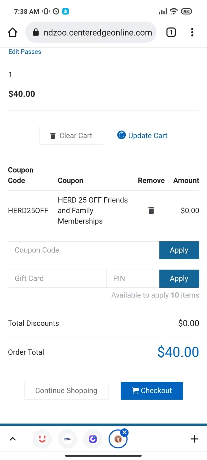 Metro Richmond Zoo checkout page showing Metro Richmond Zoo coupon code box | Screenshot taken by SimplyCodes community member on May 23, 2022