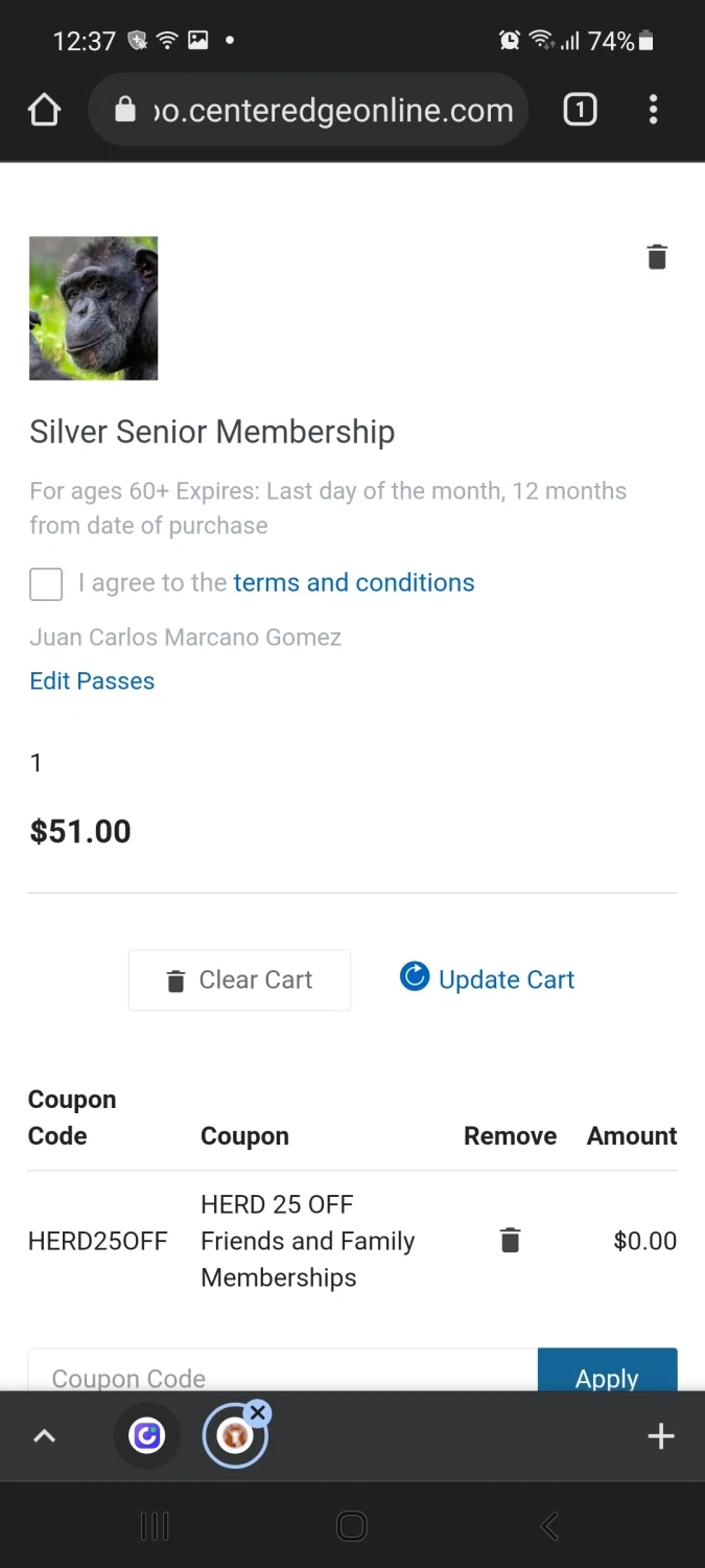 Metro Richmond Zoo checkout page showing Metro Richmond Zoo coupon code box | Screenshot taken by SimplyCodes community member on Mar 18, 2022