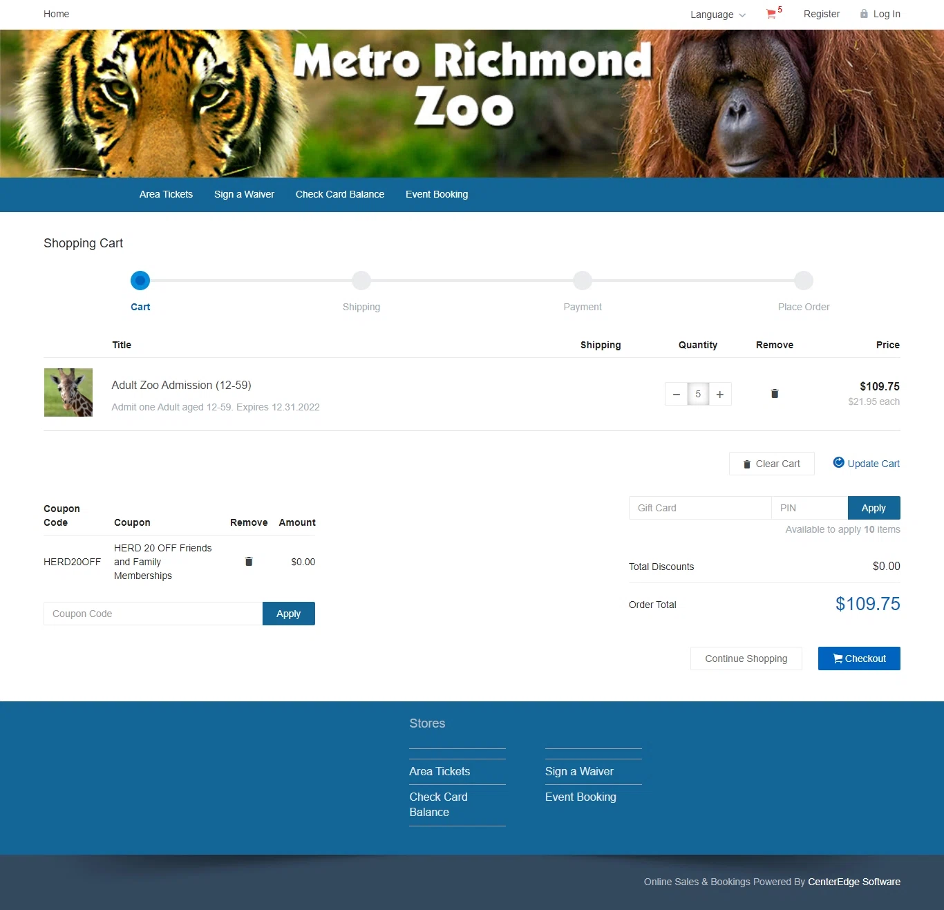 Metro Richmond Zoo checkout page showing Metro Richmond Zoo coupon code box | Screenshot taken by SimplyCodes community member on Mar 18, 2022