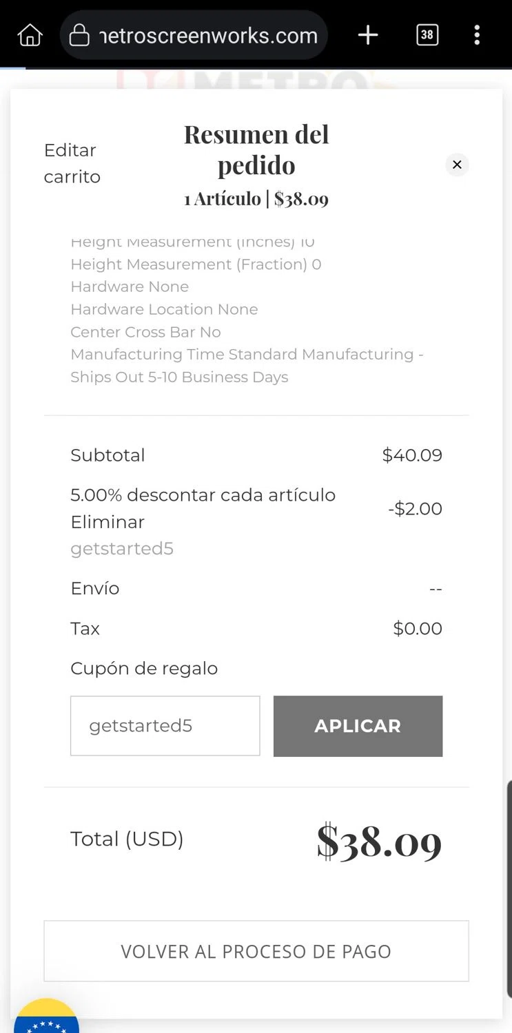 Metro Screenworks coupon code screenshot showing code getstarted5 applied at Metro Screenworks checkout page. Uploaded by SimplyCodes community member Carloslvz on Jun 21, 2025