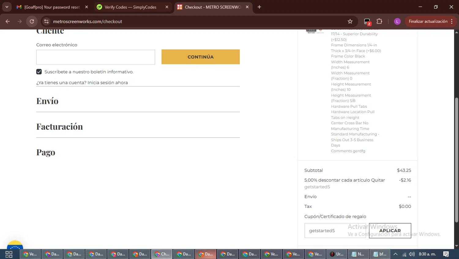 Metro Screenworks coupon code screenshot showing code getstarted5 applied at Metro Screenworks checkout page. Uploaded by SimplyCodes community member RewardScout5160 on Dec 13, 2025