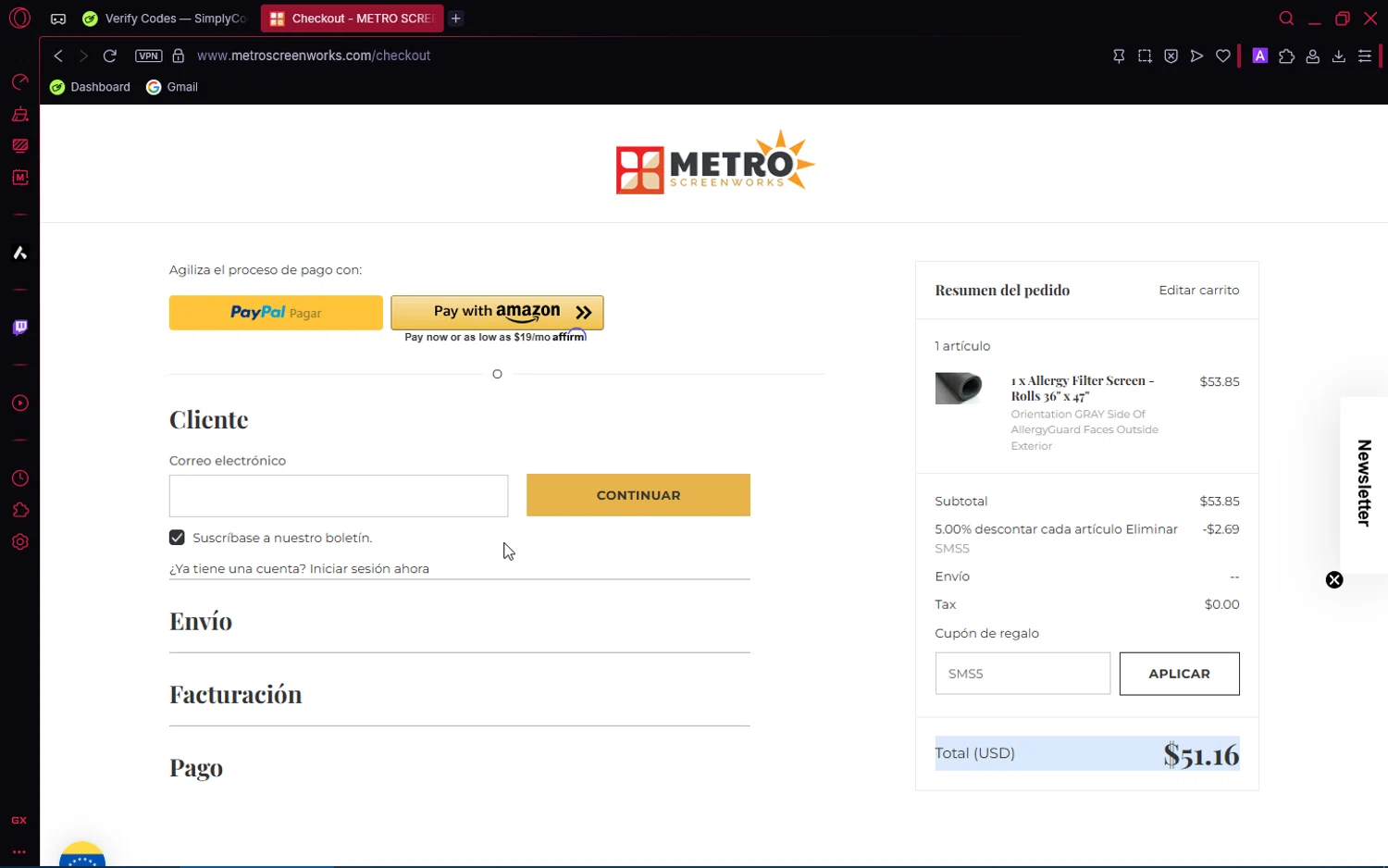 Metro Screenworks coupon code screenshot showing code SMS5 applied at Metro Screenworks checkout page. Uploaded by SimplyCodes community member ShrewdPioneer2612 on Jul 17, 2025