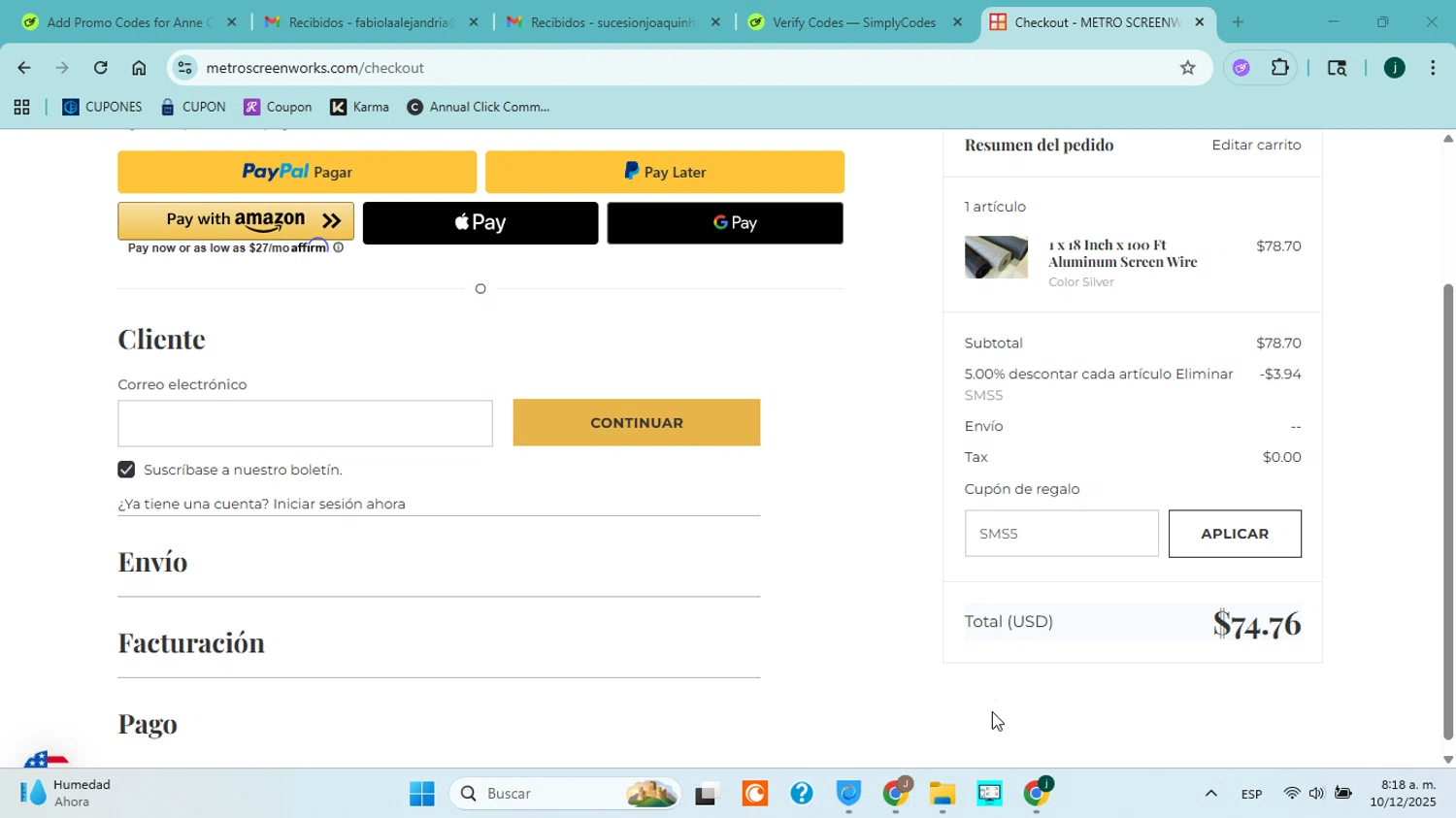 Metro Screenworks coupon code screenshot showing code SMS5 applied at Metro Screenworks checkout page. Uploaded by SimplyCodes community member jorgejavierherrera on Dec 10, 2025
