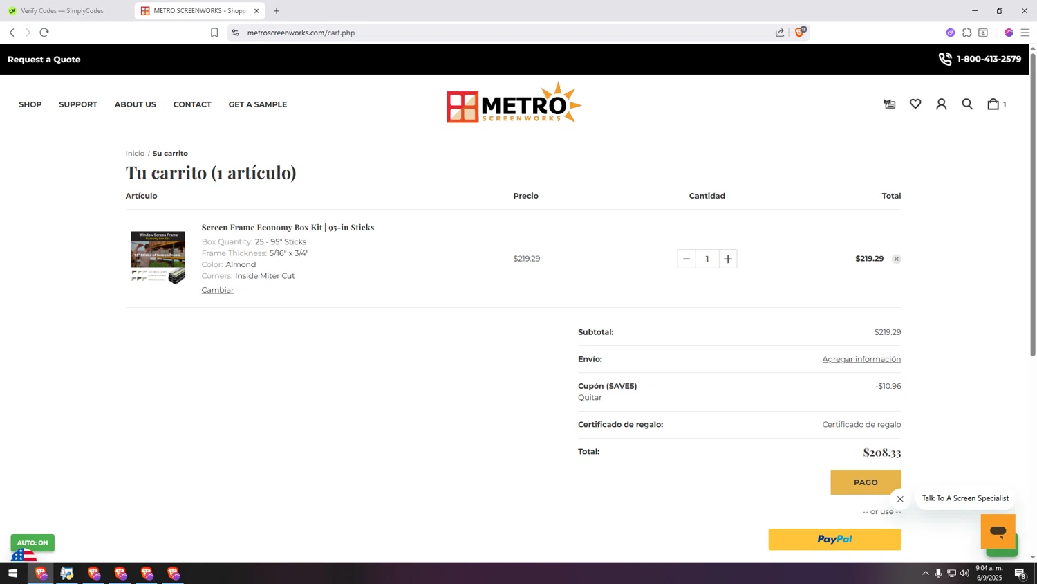 Metro Screenworks coupon code screenshot showing code SAVE5 applied at Metro Screenworks checkout page. Uploaded by SimplyCodes community member HUMANIZER on Sep 6, 2025