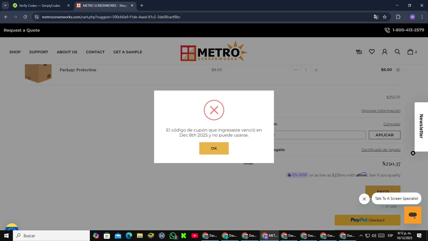 Metro Screenworks coupon code screenshot showing code BLACKCYBER10 applied at Metro Screenworks checkout page. Uploaded by SimplyCodes community member CouponGuardian8137 on Dec 11, 2025