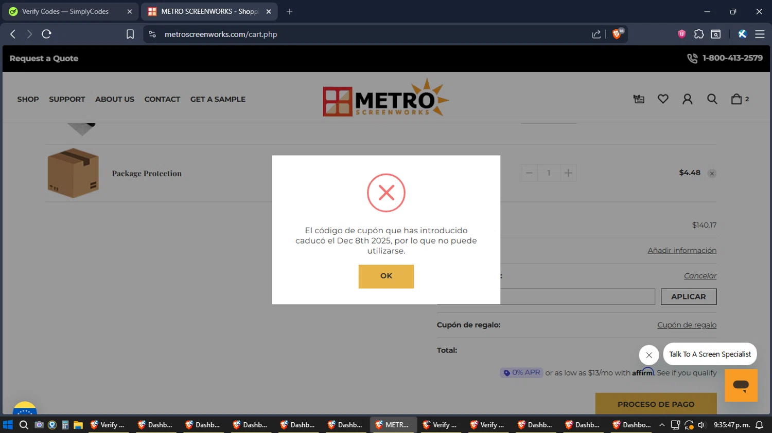 Metro Screenworks coupon code screenshot showing code BLACKCYBER10 applied at Metro Screenworks checkout page. Uploaded by SimplyCodes community member jhordano on Dec 11, 2025