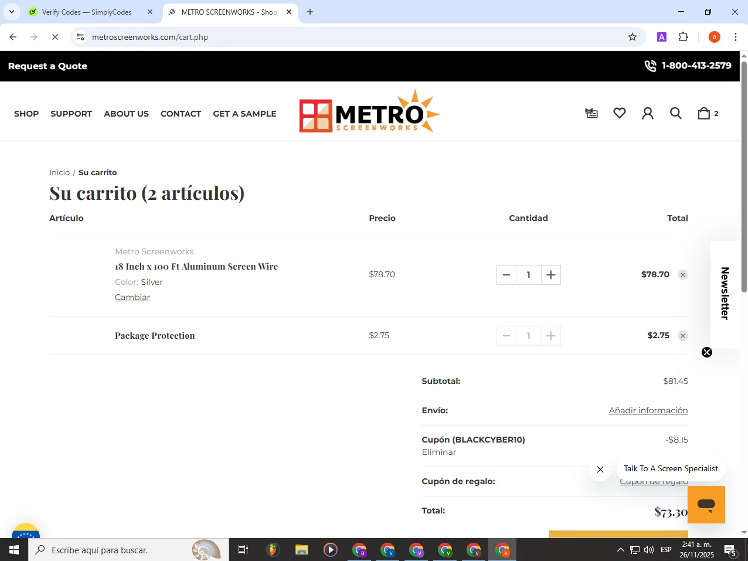 Metro Screenworks checkout page showing Metro Screenworks coupon code box | Screenshot taken by SimplyCodes community member on Nov 26, 2025