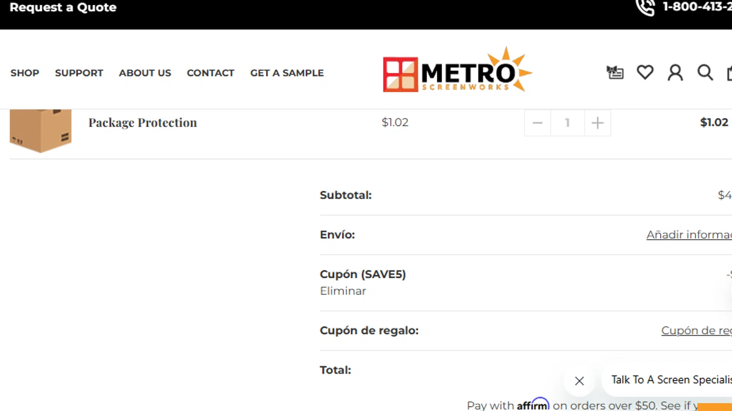 Metro Screenworks coupon code screenshot showing code SAVE5 applied at Metro Screenworks checkout page. Uploaded by SimplyCodes community member ashe1986 on Aug 8, 2025