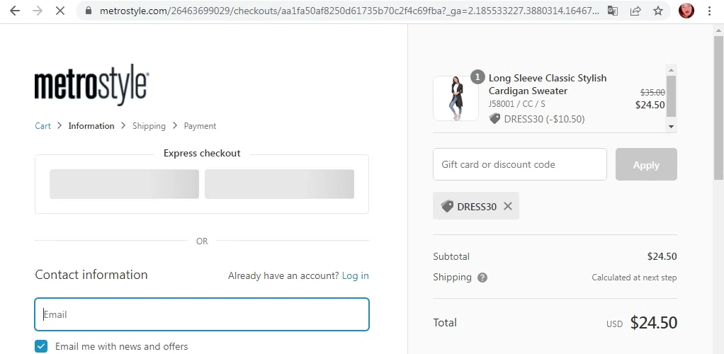 Metrostyle checkout page showing Metrostyle promo code box | Screenshot taken by SimplyCodes community member on Mar 8, 2022