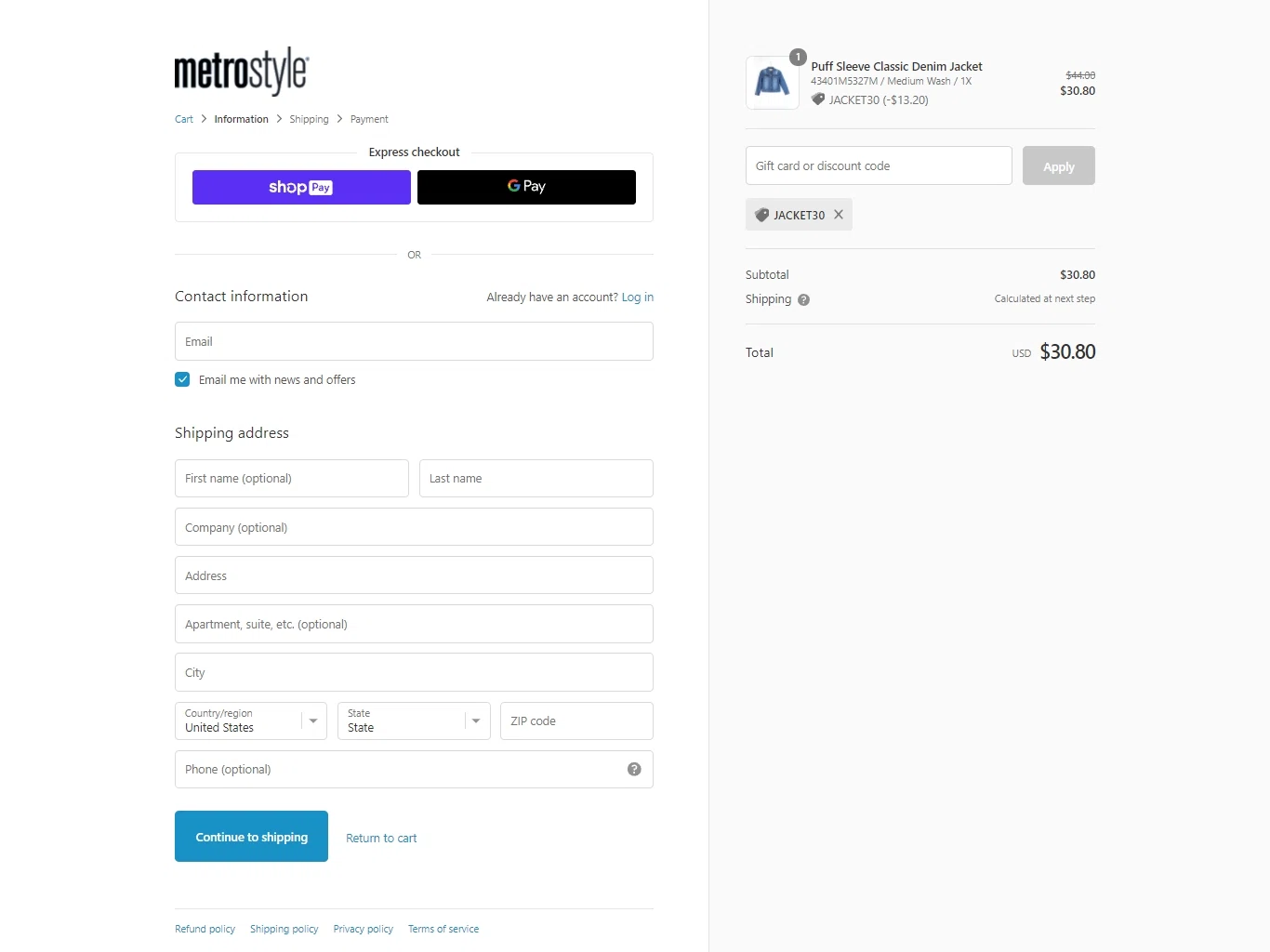 Metrostyle checkout page showing Metrostyle promo code box | Screenshot taken by SimplyCodes community member on Oct 15, 2021