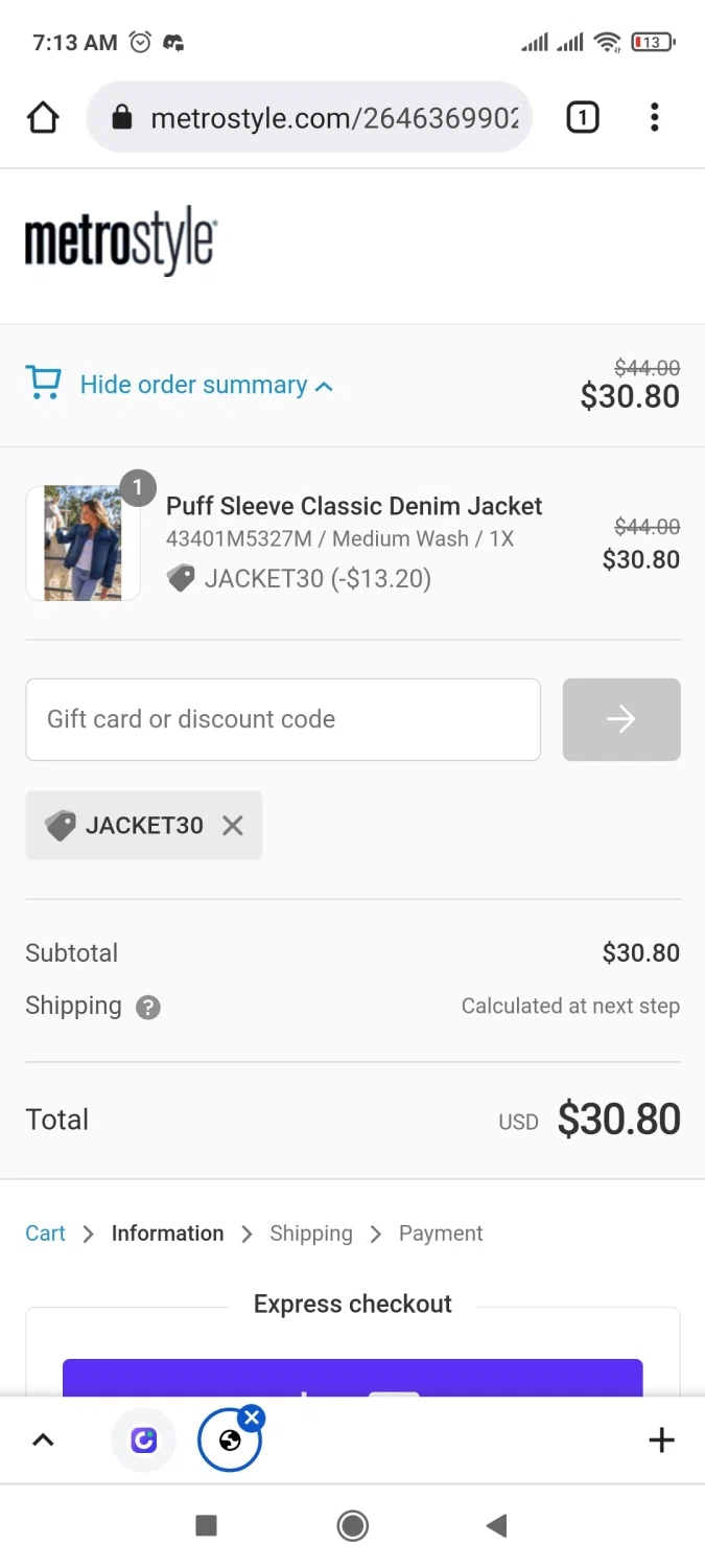 Metrostyle checkout page showing Metrostyle promo code box | Screenshot taken by SimplyCodes community member on Mar 26, 2022