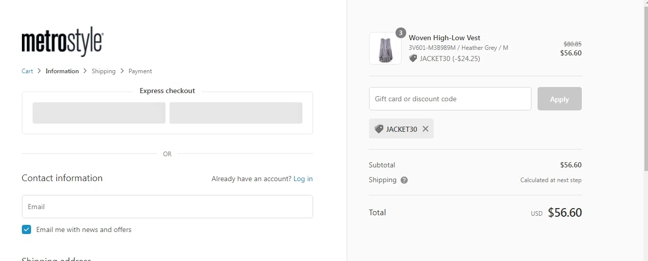 Metrostyle checkout page showing Metrostyle promo code box | Screenshot taken by SimplyCodes community member on Dec 30, 2021