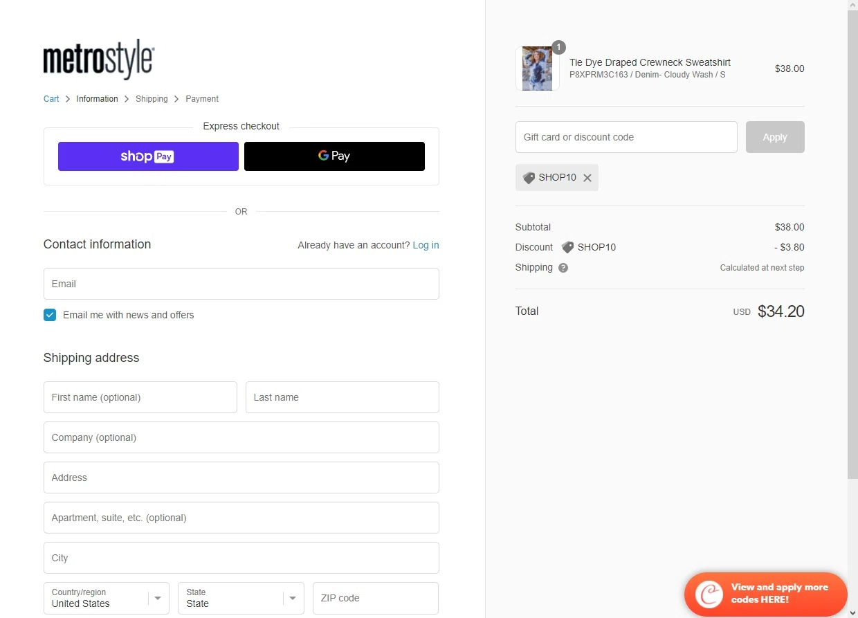 Metrostyle checkout page showing Metrostyle promo code box | Screenshot taken by SimplyCodes community member on Apr 21, 2022