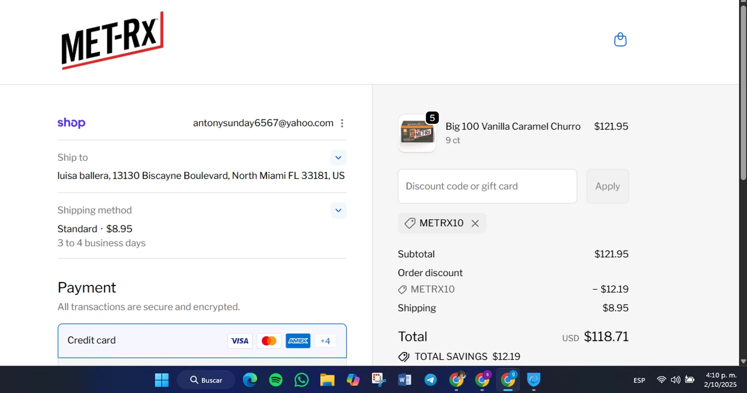 MET-Rx discount code screenshot showing code METRX10 applied at MET-Rx checkout page. Uploaded by SimplyCodes community member FrugalVirtuoso6318 on Oct 2, 2025